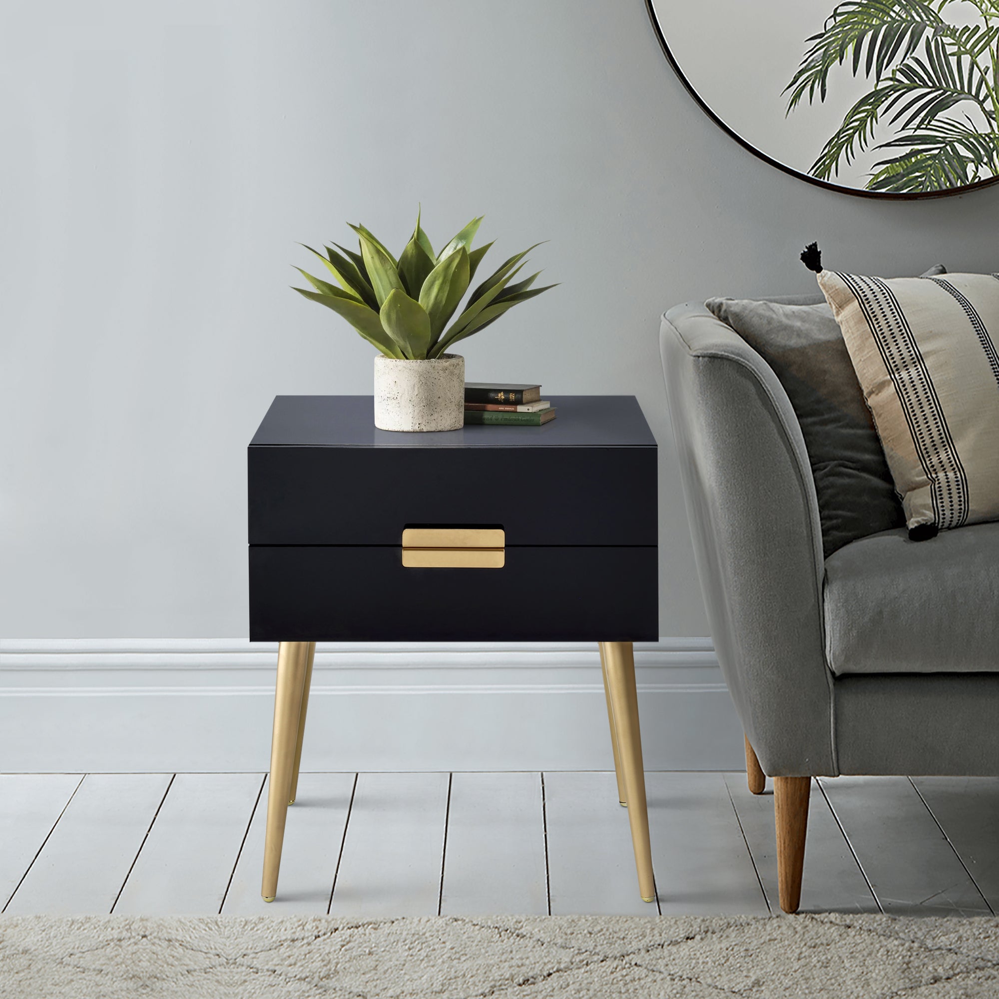 Black And Gold Side Table With 2 Drawer Black Gold Primary Living Space Mid Century Modern Drawers Rectangular Wood Metal