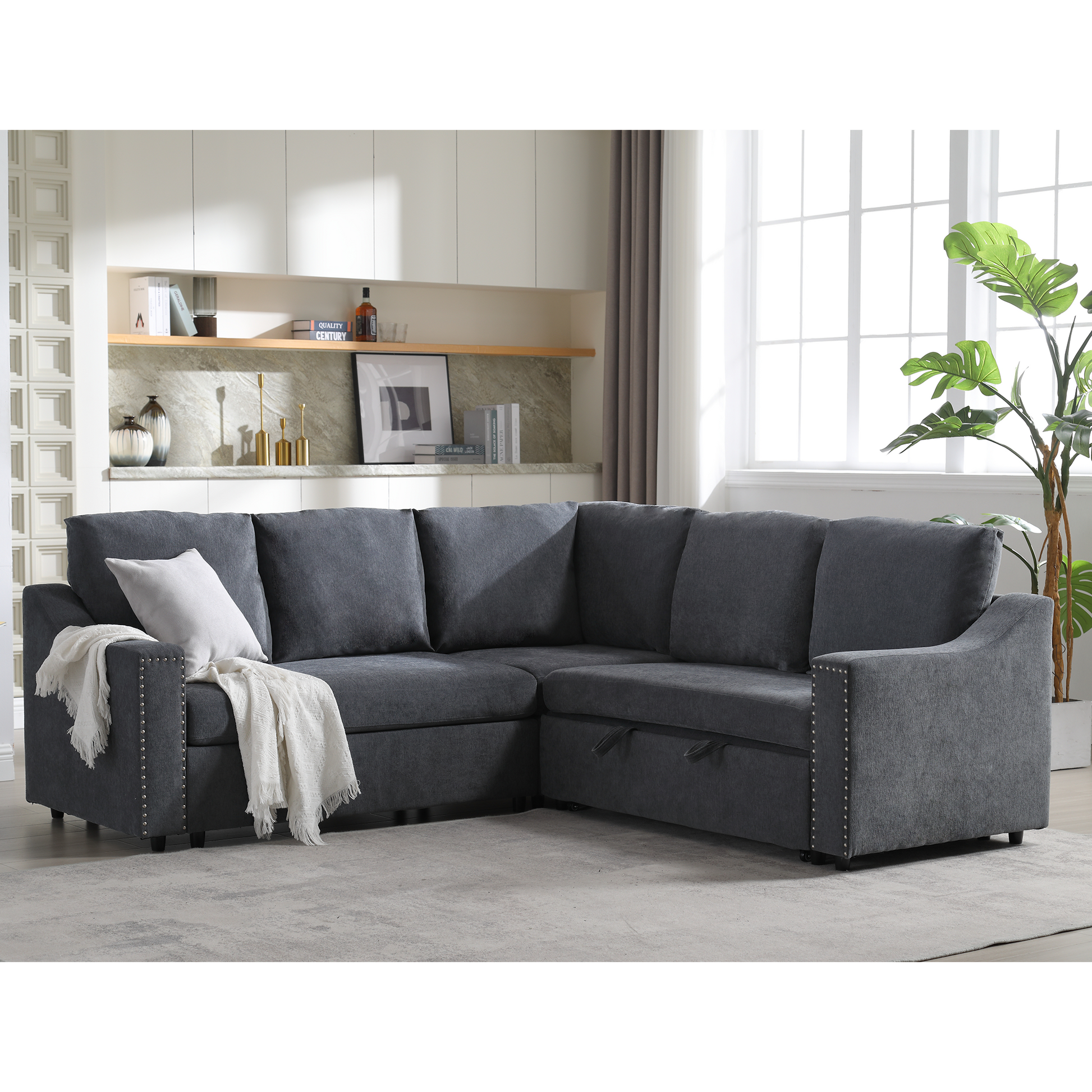 Arrived L Shaped Sofa With Pull Out Sofa Bed, Corner Sofa,Comfortable Living Room Furniture Set, Sleeper Sofa Bed,Corner Seat For Two With Broaching Sofa,Rivet Dechenille,Gray Gray Polyester Wood Primary Living Space Modern Polyester 5 Seat