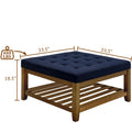 Upholstered Coffee Table Tufted Linen Large Square Ottoman With Beech Wood Shelf And Frame, Oversized Footrest Ottoman For Living Room, Navy Blue Light Brown Wood Primary Living Space Heavy Duty Beech Wood Navy Blue Linen Or Linen Blend Medium Firm