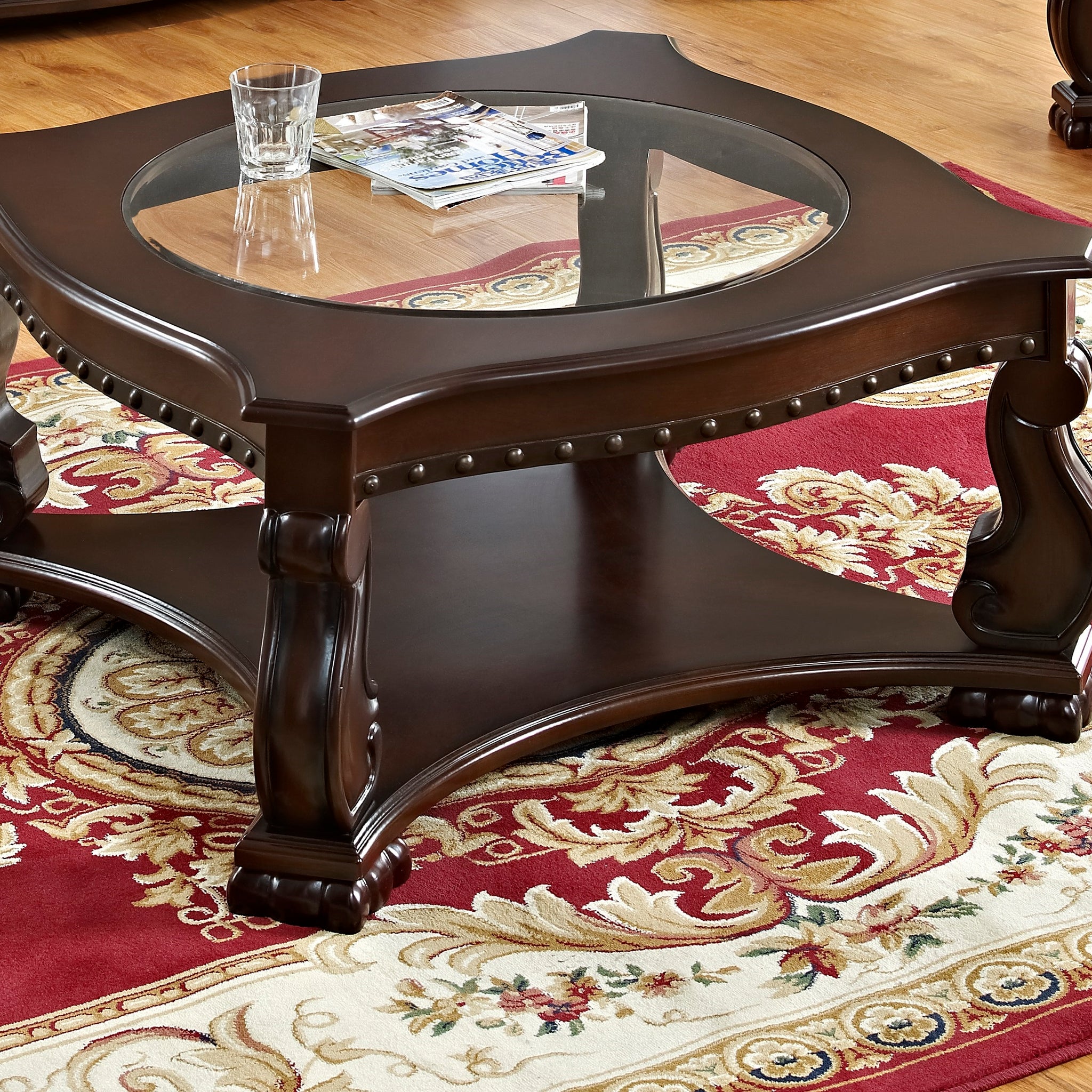 Glass Top Coffee Table Brown Base Lower Display Shelf Ornate And Sweeping Legs 1Pc Formal Luxury Coffee Table Antique Brown Primary Living Space Traditional Open Storage Square Wood