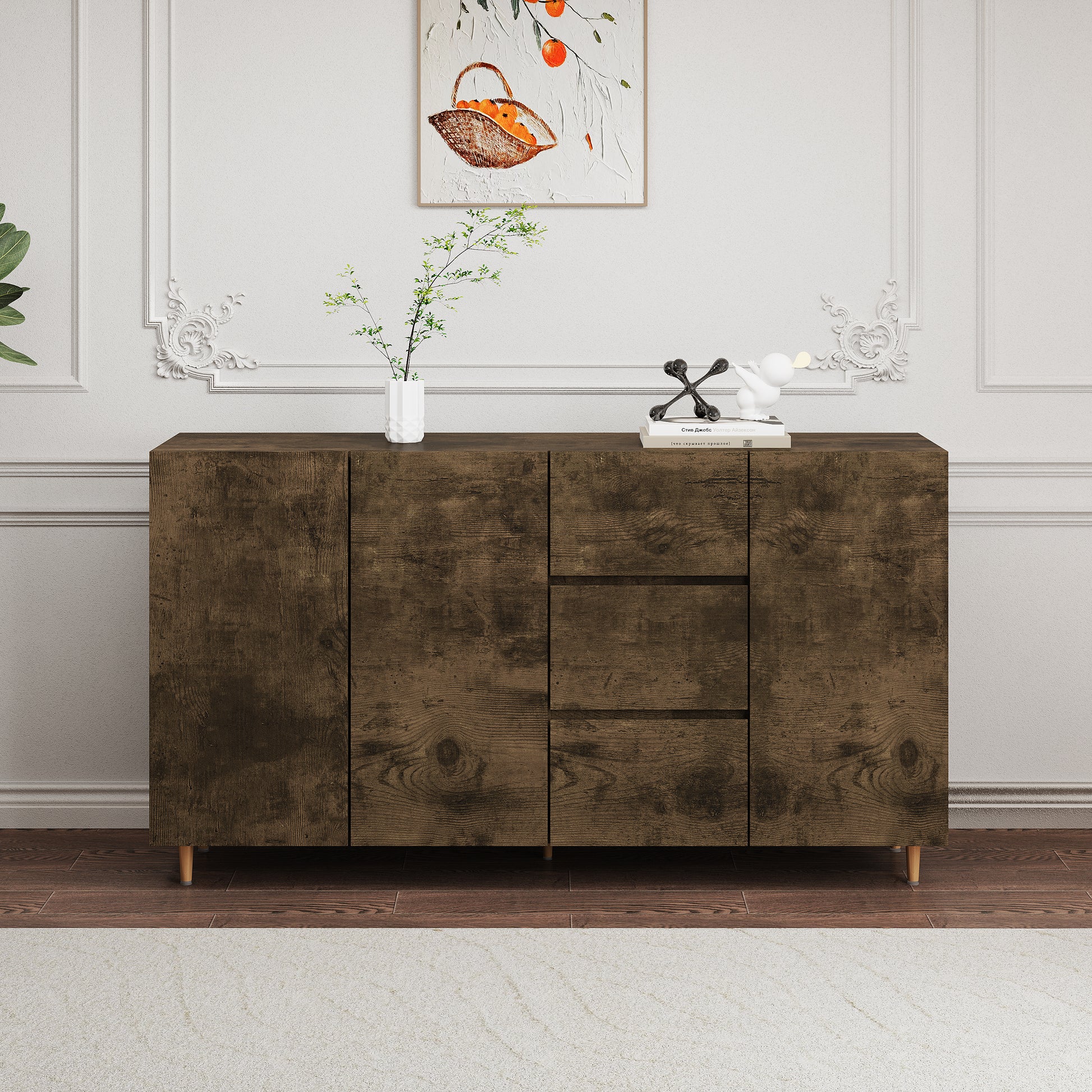 2402Rich Level Of Storage Space, Divided Display Storage One Of The Diversified Side Cabinets, Suitable For Dining Room, Living Room Black Brown Mdf