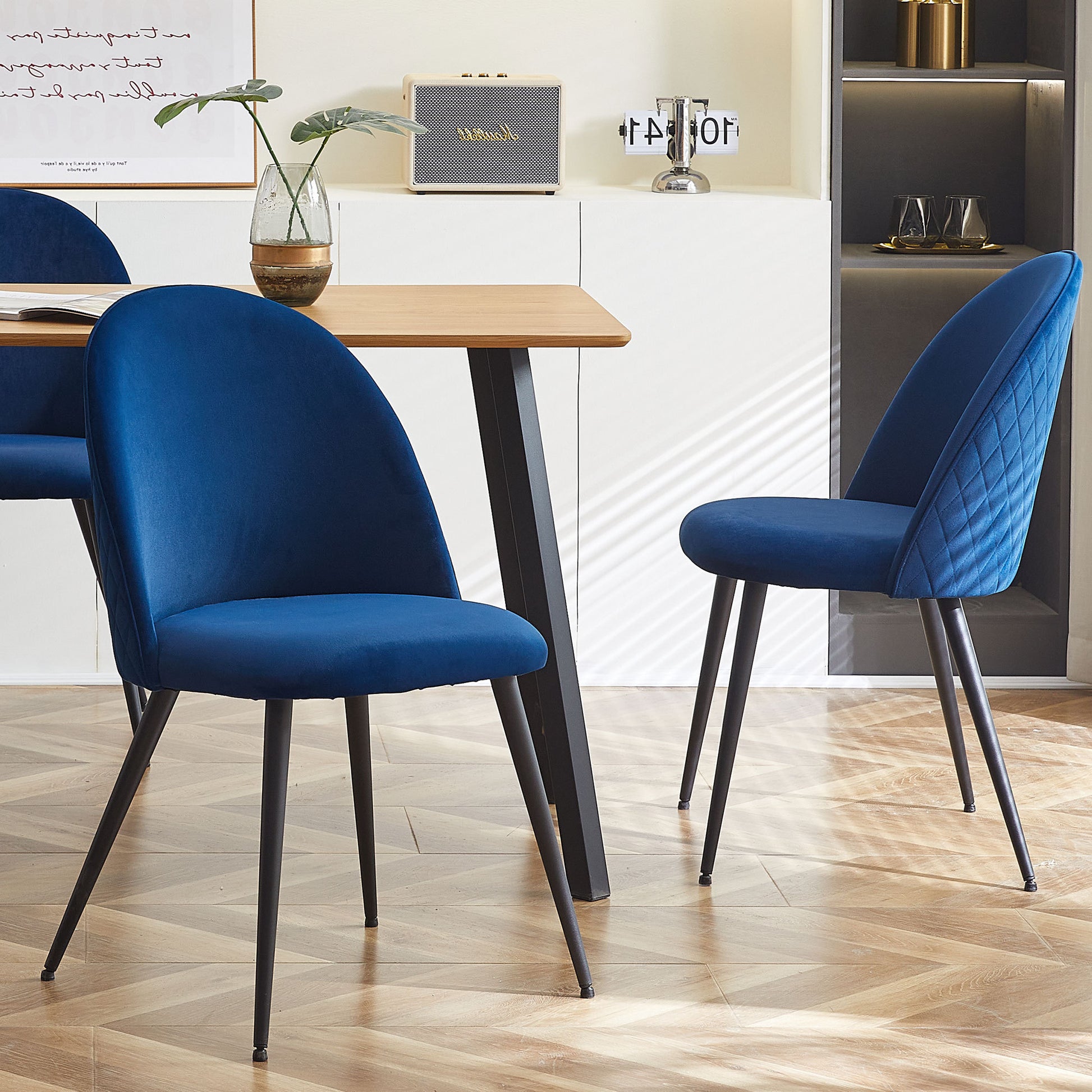 Blue Velvet Dining Chairs With Black Metal Legs, Set Of 4 Chairs Only Four Chairs Blue Dining Room Dry Clean Modern Dining Chairs Solid Back Set Of 4 Or More Foam Velvet
