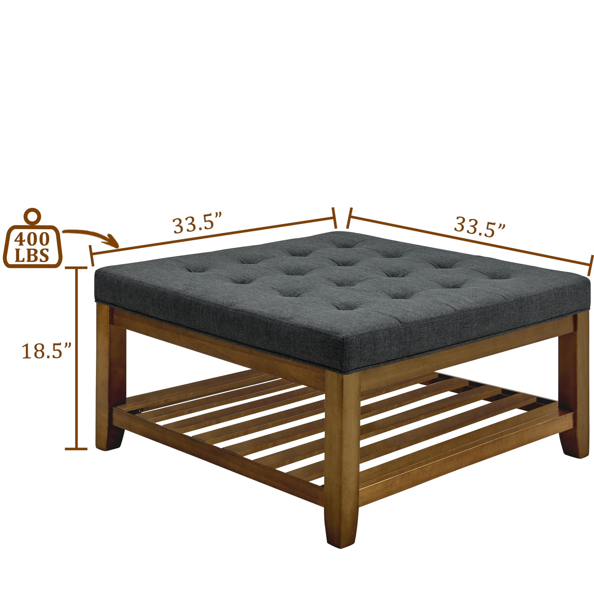 Upholstered Coffee Table Tufted Linen Large Square Ottoman With Beech Wood Shelf And Frame, Oversized Footrest Ottoman For Living Room, Dark Gray Light Brown Wood Primary Living Space Grey Medium Duty Beech Wood Dark Gray Linen Or Linen Blend Backless