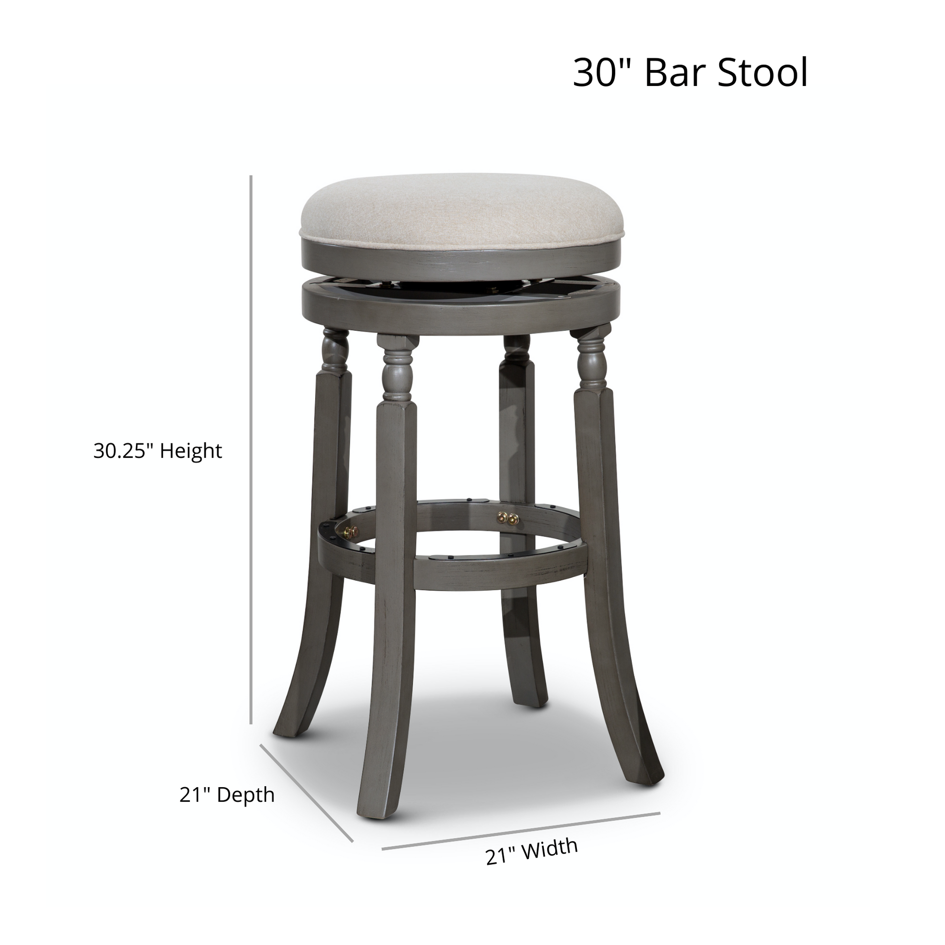 30" Bar Stool, White Finish, Charcoal Fabric Seat White Fabric