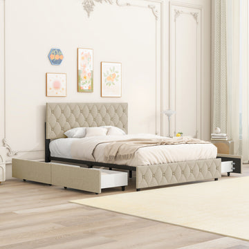 Queen Size Upholstered Platform Bed Frame With 4 Storage Drawers, Adjustable Linen Headboard, Wooden Slats Support, No Box Spring Needed, Easy Assembly, Light Beige Box Spring Not Required Queen Light Beige Wood Bedroom American Design Bed Frame Linen