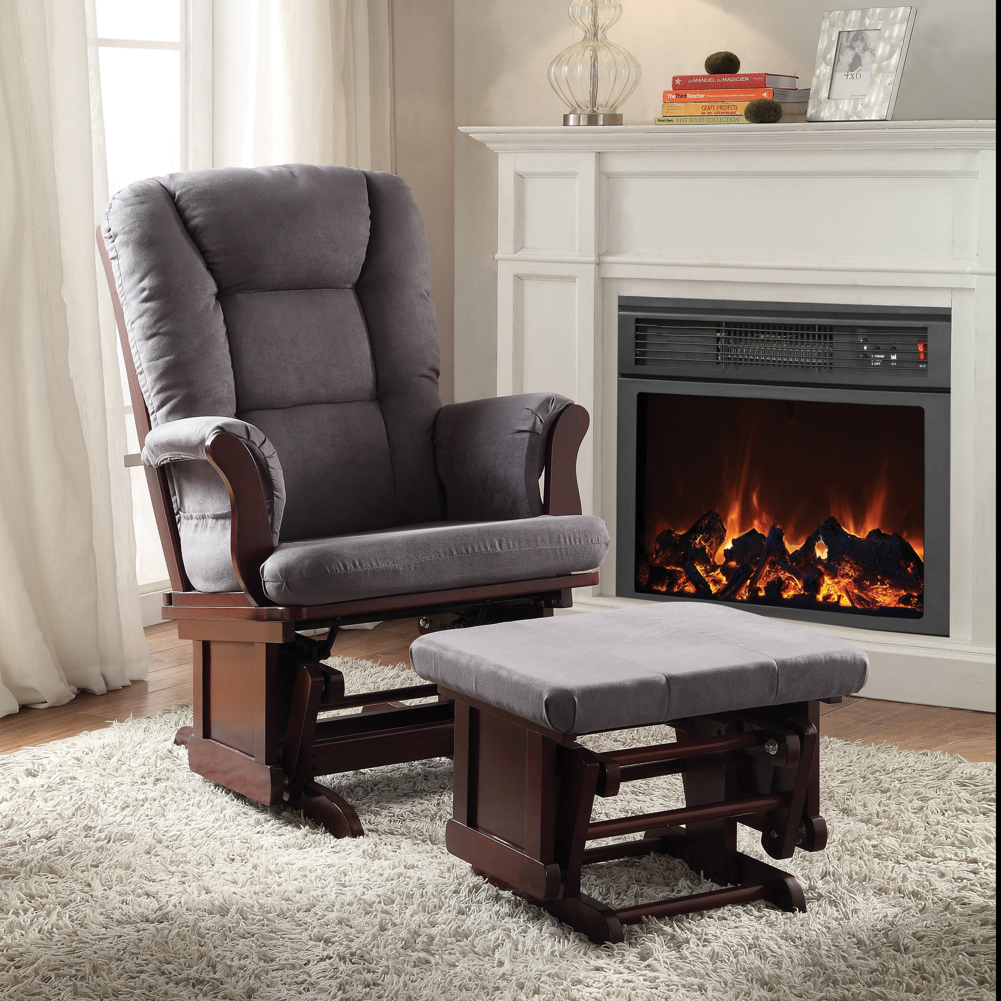 Grey And Cherry Glider Chair With Ottoman Grey Brown Primary Living Space Modern Rubberwood Microfiber