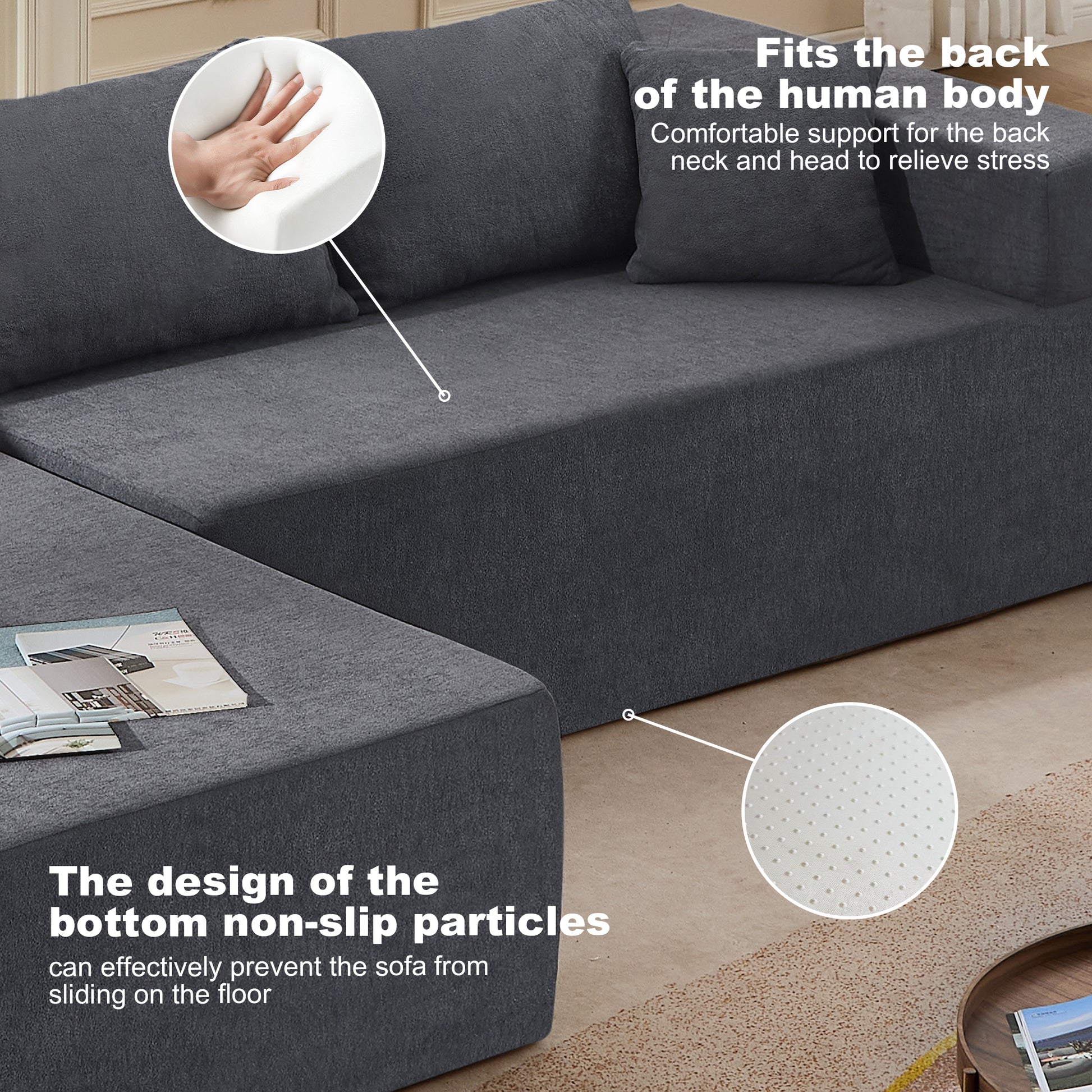 L Shape Modular Sectional Living Room Sofa Set Upholstered Sleeper Sofa For Living Room,16.53 Inch Cushion Heightening, 2 Pc Free Combination,Grey Grey Fabric 3 Seat