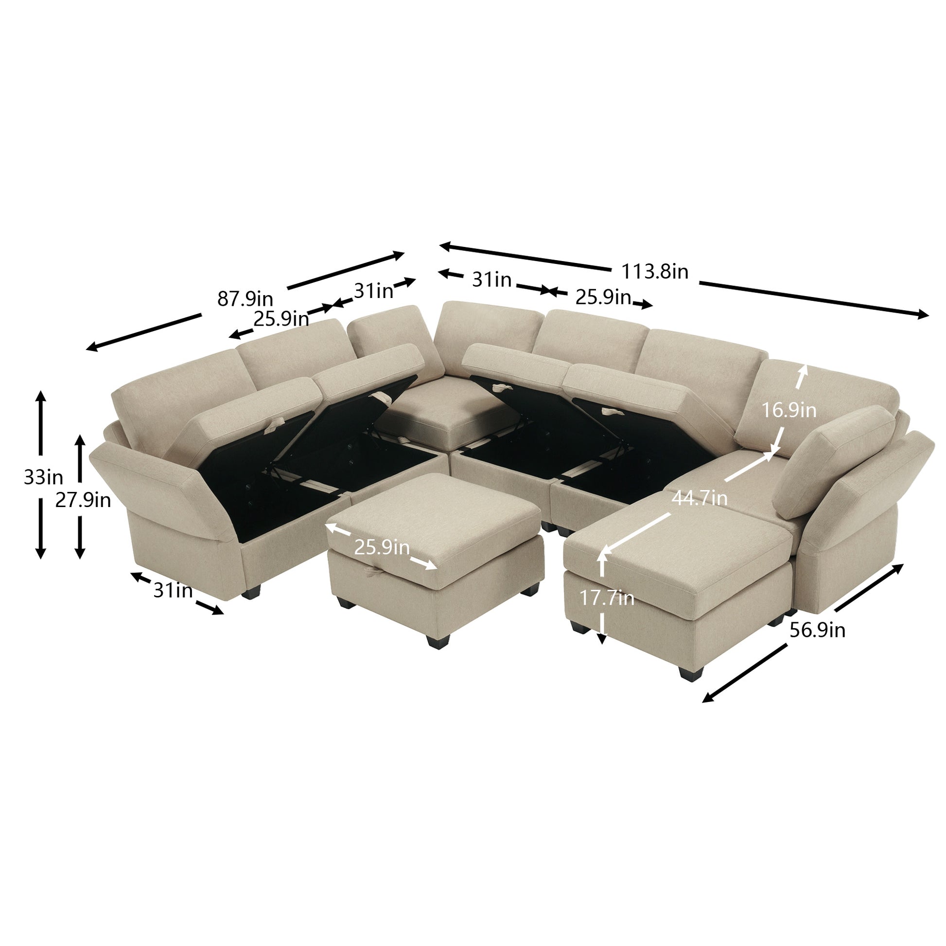 Modular Sectional Sofa With Storage Seat Oversized U Shaped Couch With Reversible Chaise Sofa Set With Ottoman,Ultimate Comfort 6 8 Seater Couches With Adjustable Arms And Backs For Living Room Beige Beige Polyester 6 Seat