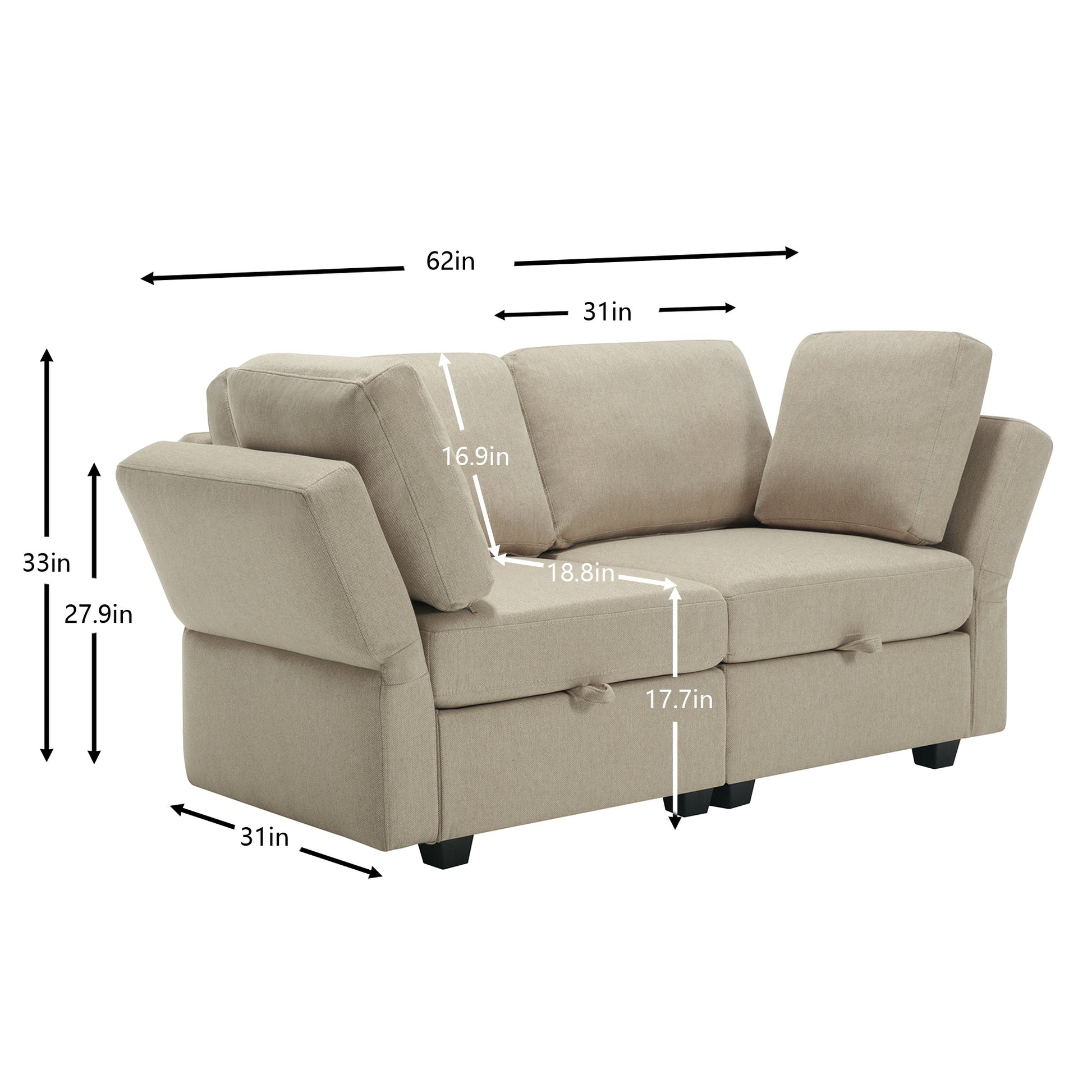 Contemporary Modern Chic Upholstered Fabric Sofa With Storage Seats And Storage Ottomans, 2 Seater Sofa Fabric Couch With Adjustable Arms And Backs For Living Room Beige Beige Polyester 2 Seat
