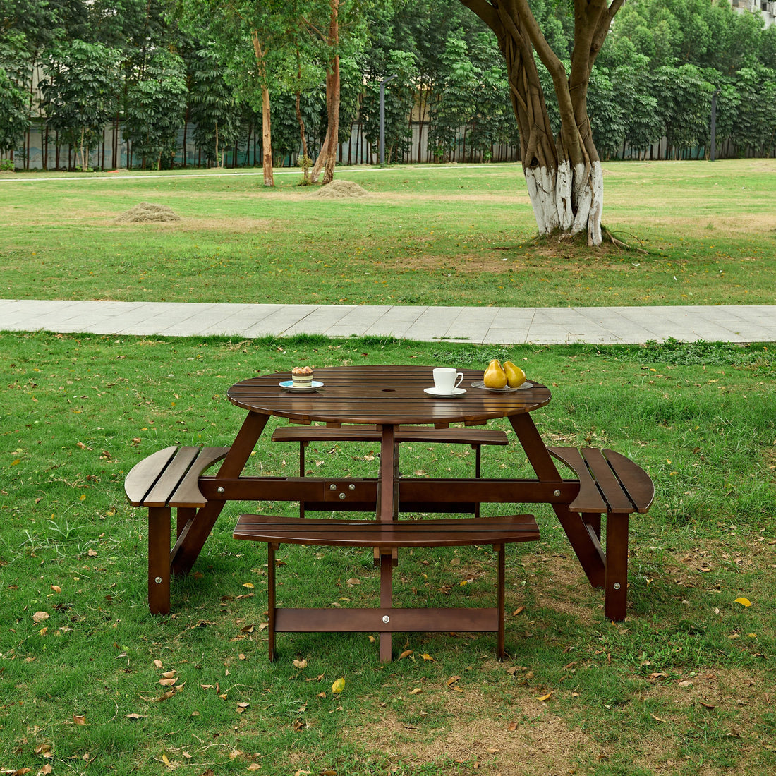 Outdoor 8 Person Picnic Table, 8 Person Round Picnic Table With 4 Built In Benches, Umbrella Hole, Outside Table And Bench Set For Garden, Backyard, Porch, Patio, Brown Brown Wood Metal