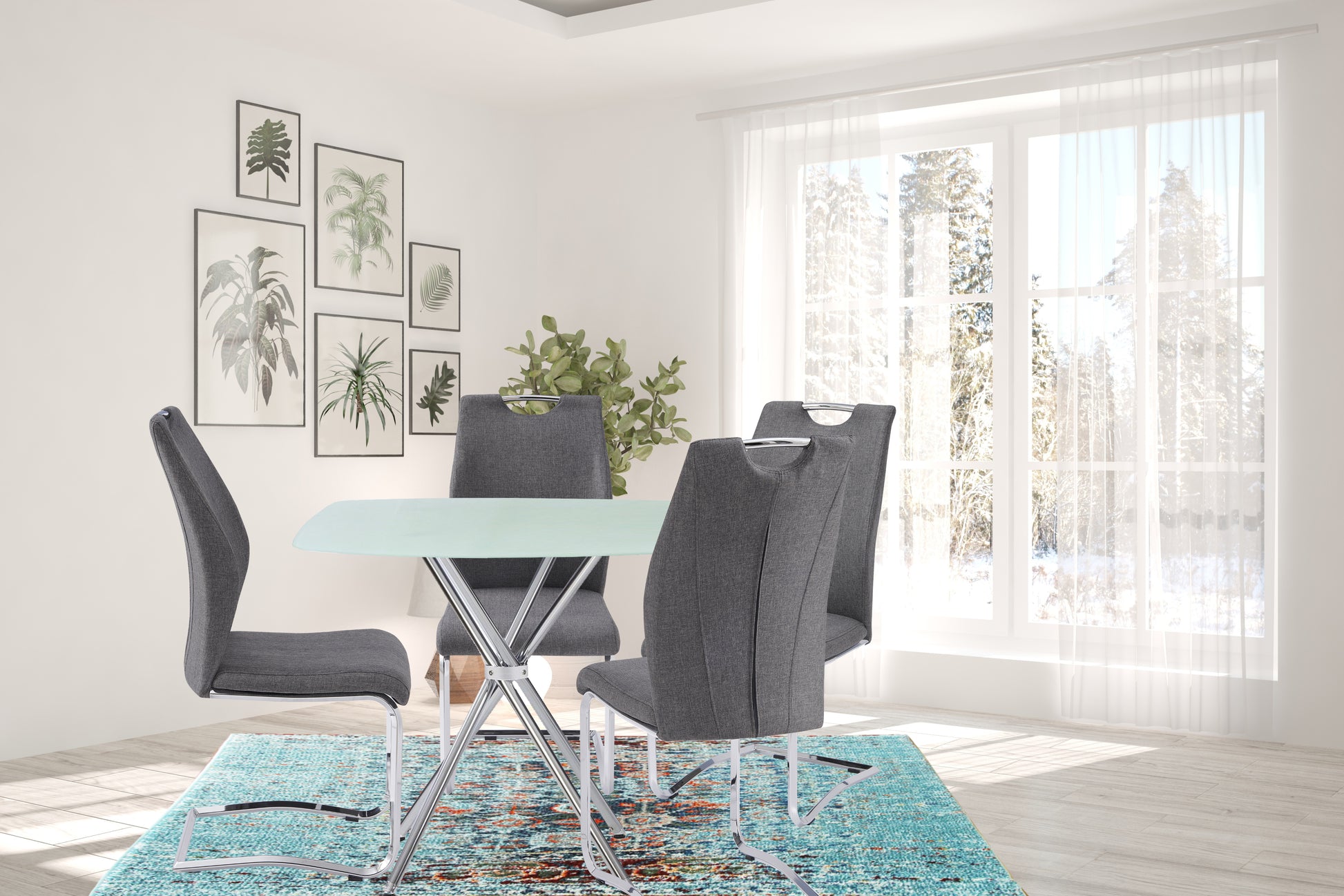 5 Pieces 36" Inch Contemporary Elegance Squared Dining Set In Gray Metal Dining Room Fixed Table Square Dining Table With Chair Upholstered Chair Glass Dark Grey Solid Back Seats 4 36 Inches Contemporary,Modern,Transitional Square 4 Leg Foam Glass Metal