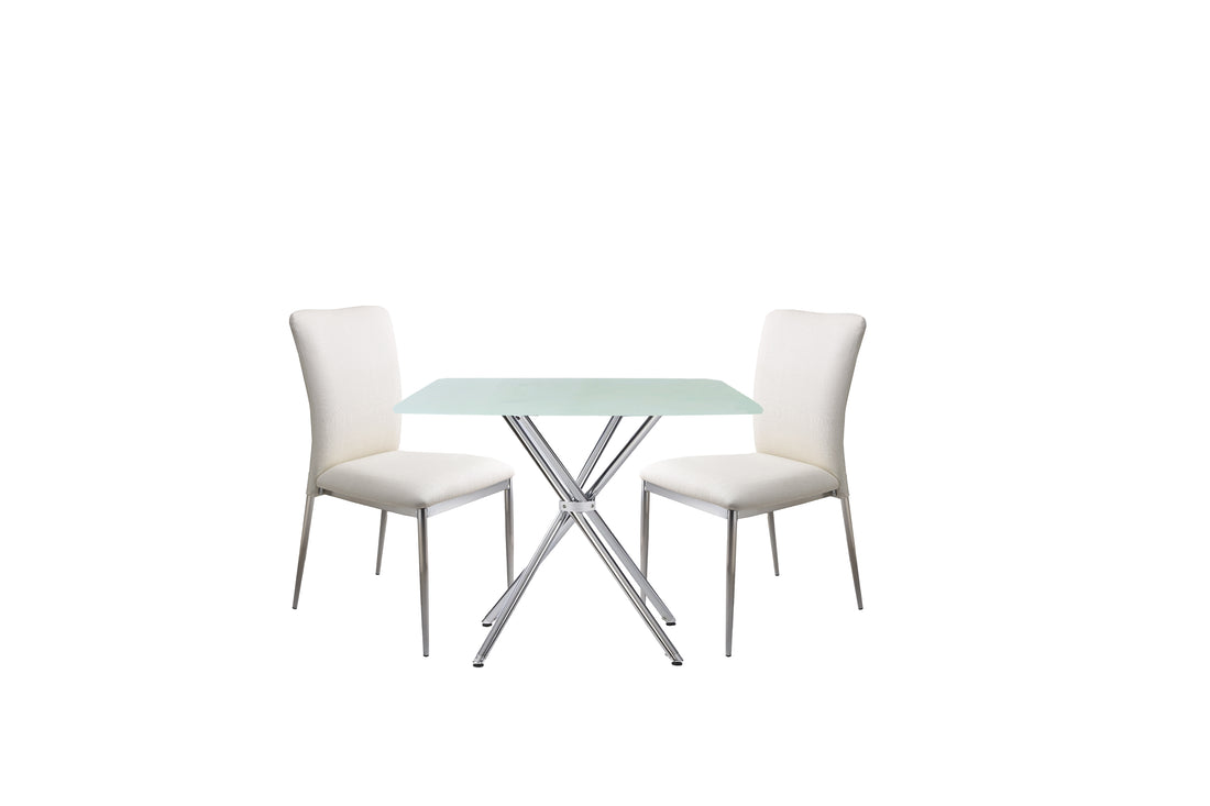 3 Pieces 36" Inch Contemporary Elegance Squared Dining Set In Soft White Metal Dining Room Fixed Table Square Dining Table With Chair Upholstered Chair Glass White Straight Grain Solid Back Seats 4 36 Inches Contemporary,Modern Square 4 Leg Foam Faux