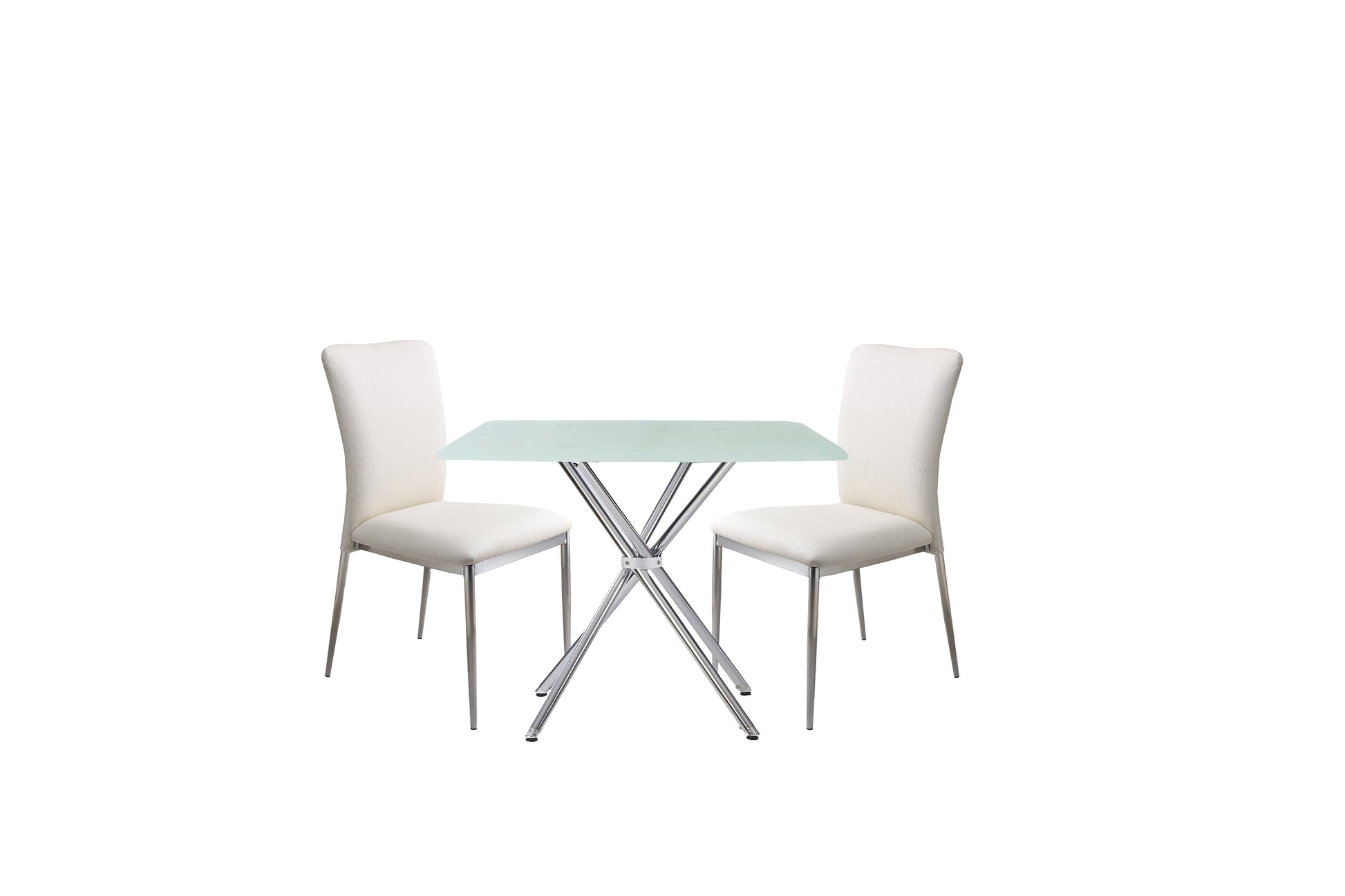 3 Pieces 36" Inch Contemporary Elegance Squared Dining Set In Soft White Metal Dining Room Fixed Table Square Dining Table With Chair Upholstered Chair Glass White Straight Grain Solid Back Seats 4 36 Inches Contemporary,Modern Square 4 Leg Foam Faux