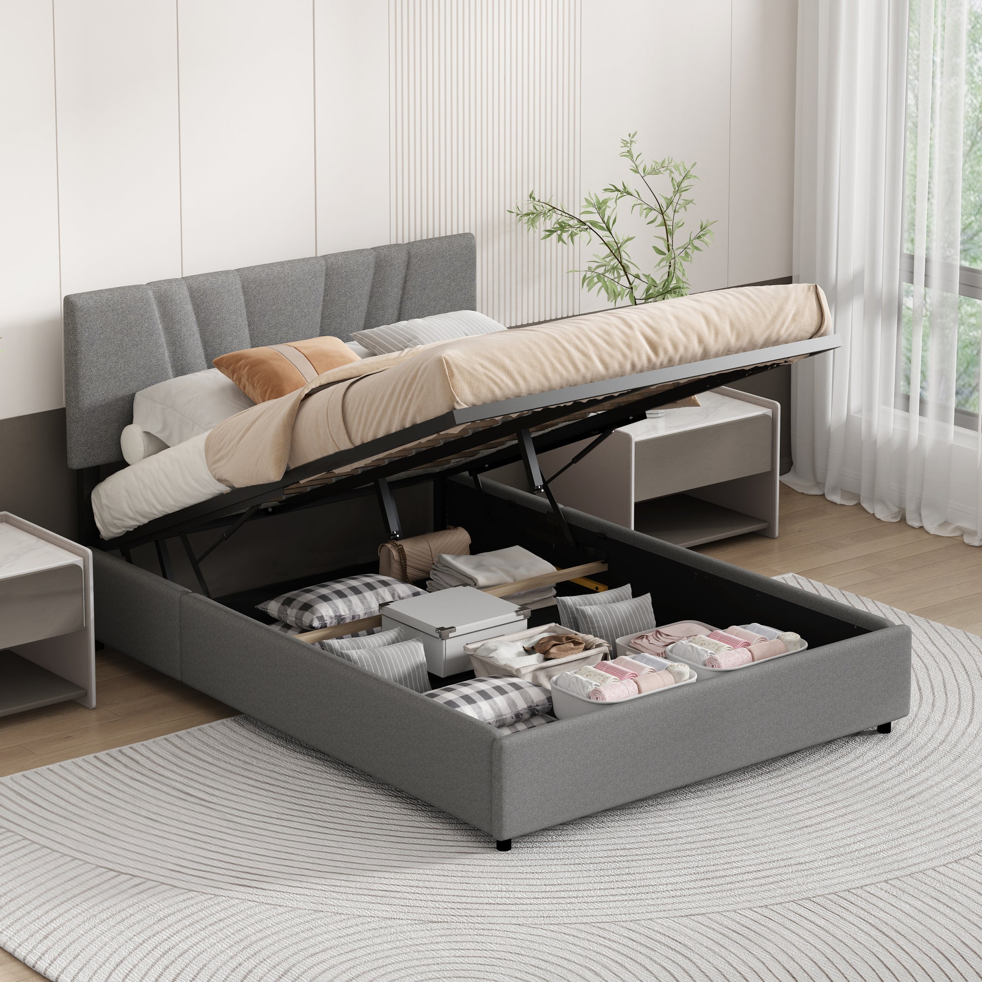 Queen Upholstered Platform Bed With Lifting Storage, Queen Size Bed Frame With Storage And Tufted Headboard,Wooden Queen Platform Bed For Kids Teens Adults,No Box Spring Needed Queen, Grey Box Spring Not Required Queen Grey Wood Bedroom American Design