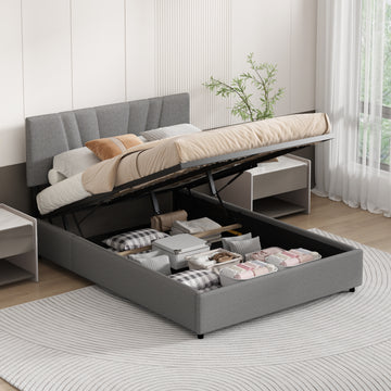 Full Upholstered Platform Bed With Lifting Storage, Full Size Bed Frame With Storage And Tufted Headboard,Wooden Full Platform Bed For Kids Teens Adults,No Box Spring Needed Full, Gray Box Spring Not Required Full Grey Wood Bedroom American Design Bed
