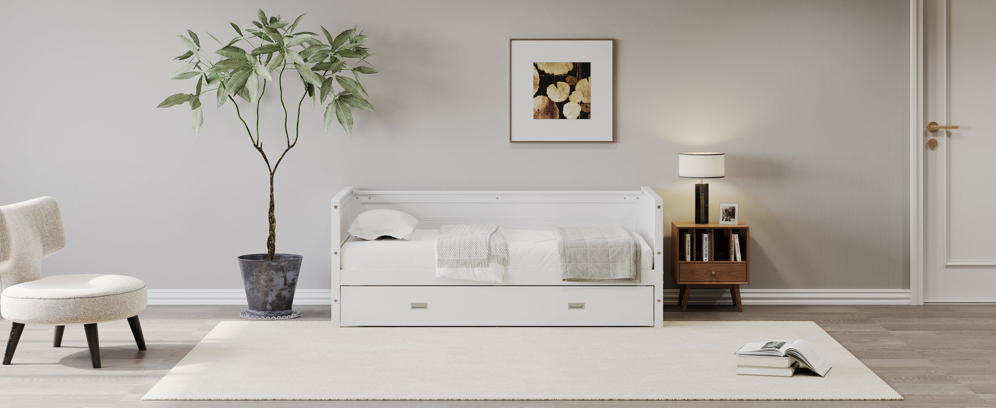 Twin Size Solid Wood Daybed With Trundle For Kids Teens Dorm Bedroom Multipurpose Guest Room Or Home, White Box Spring Not Required Twin White Wood Bedroom Pine Wood