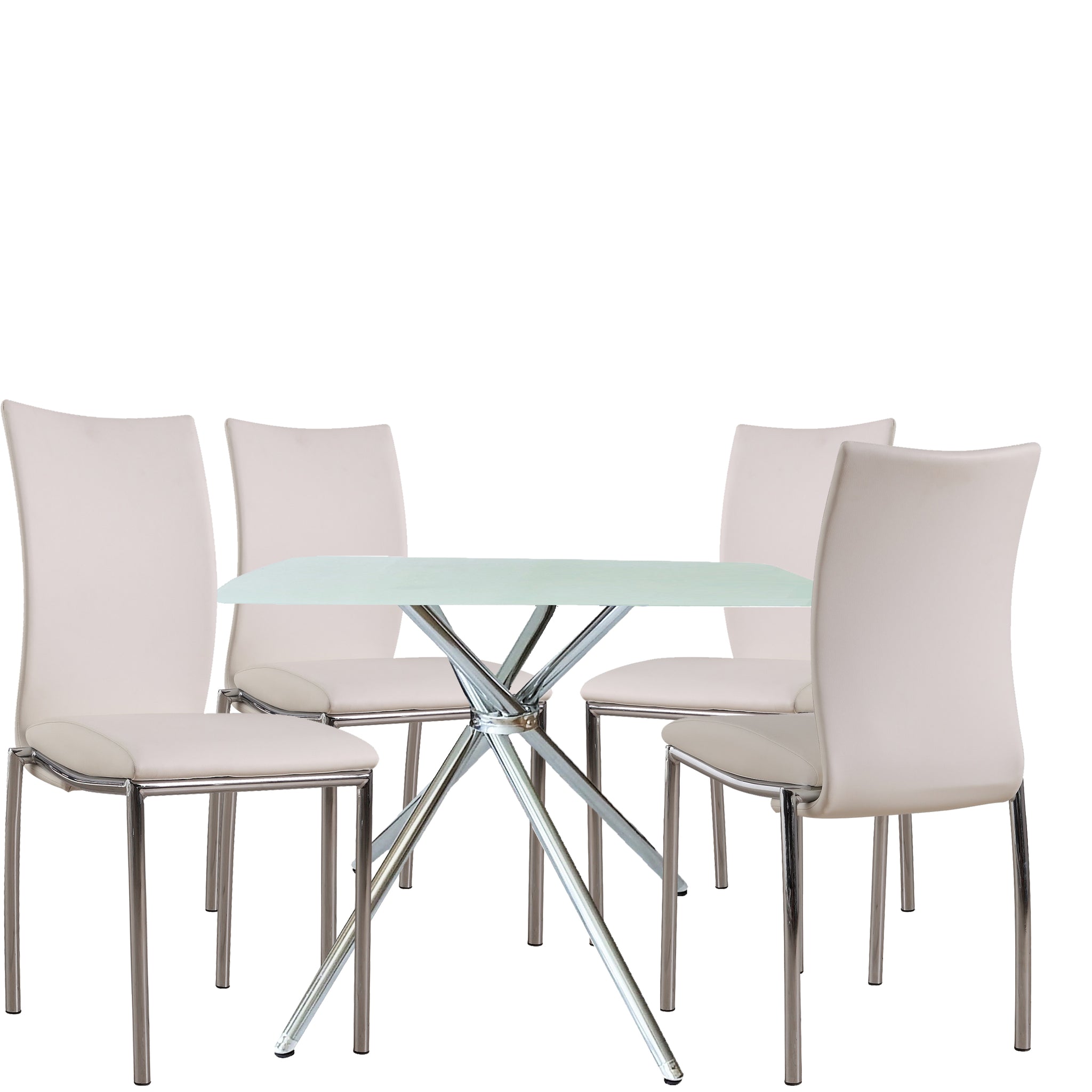 5 Pieces 36" Inch Contemporary Elegance Squared Dining Set In White Metal Dining Room Fixed Table Square Dining Table With Chair Upholstered Chair Glass White Pu Solid Back Seats 4 Contemporary,Modern,Transitional Square 4 Leg Foam Glass Metal
