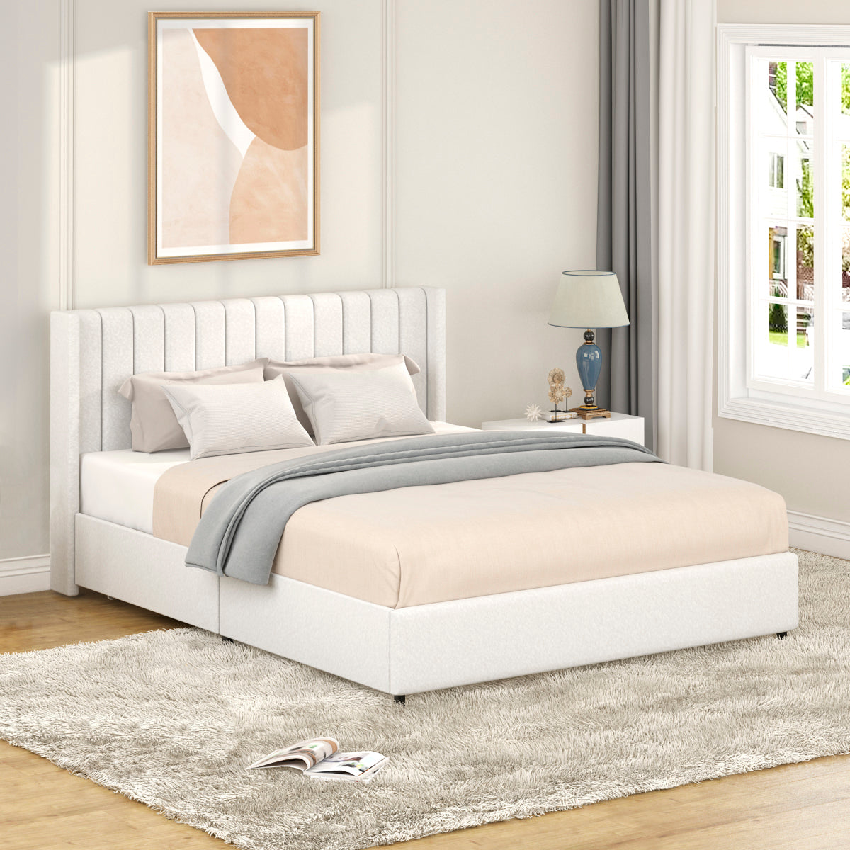 Same As B083119691 Anda Queen Size Ivory Boucle Upholstered Platform Bed With Patented 4 Drawers Storage, Tufted Headboard, Wooden Slat Mattress Support, No Box Spring Needed Box Spring Not Required Queen Ivory Bedroom