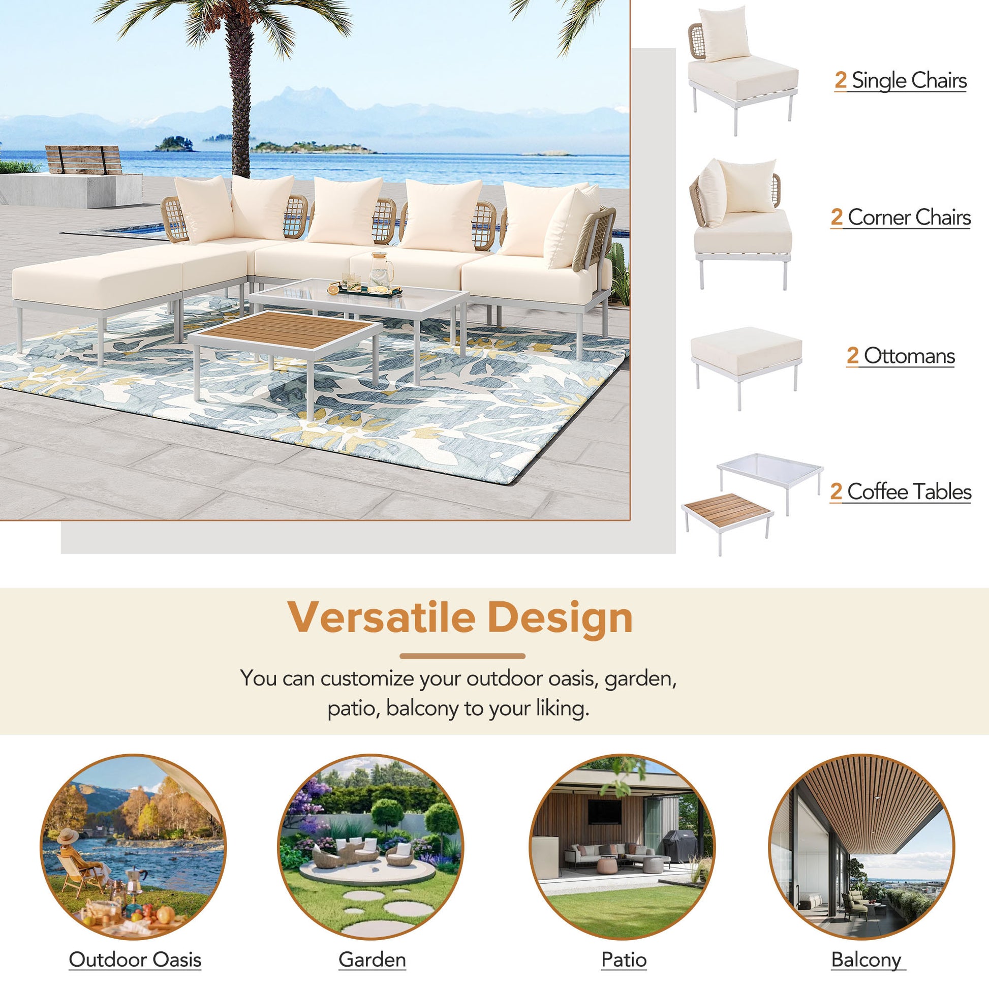 8 Piece Patio Sectional Sofa Set With Tempered Glass Coffee Table And Wooden Coffee Table For Outdoor Oasis, Garden, Patio And Poolside Beige Cushion White Steel Beige Iron