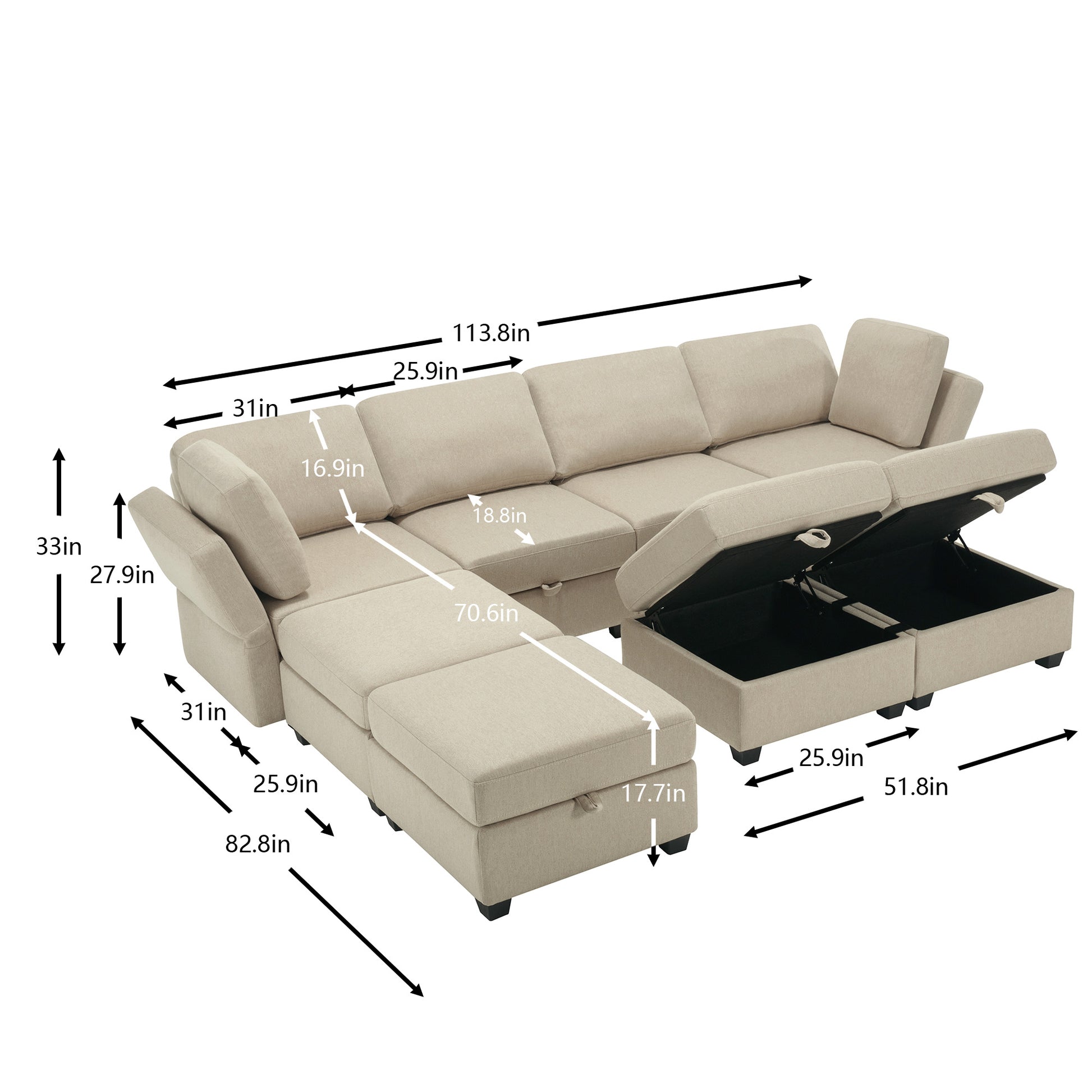 Adjustable Arms And Backs Sectional Sofa, Modern Sectional Couch U Shaped Sofa Couch With Storage Ottoman, Sofa With Convertible Chaise Beige Beige Polyester 4 Seat