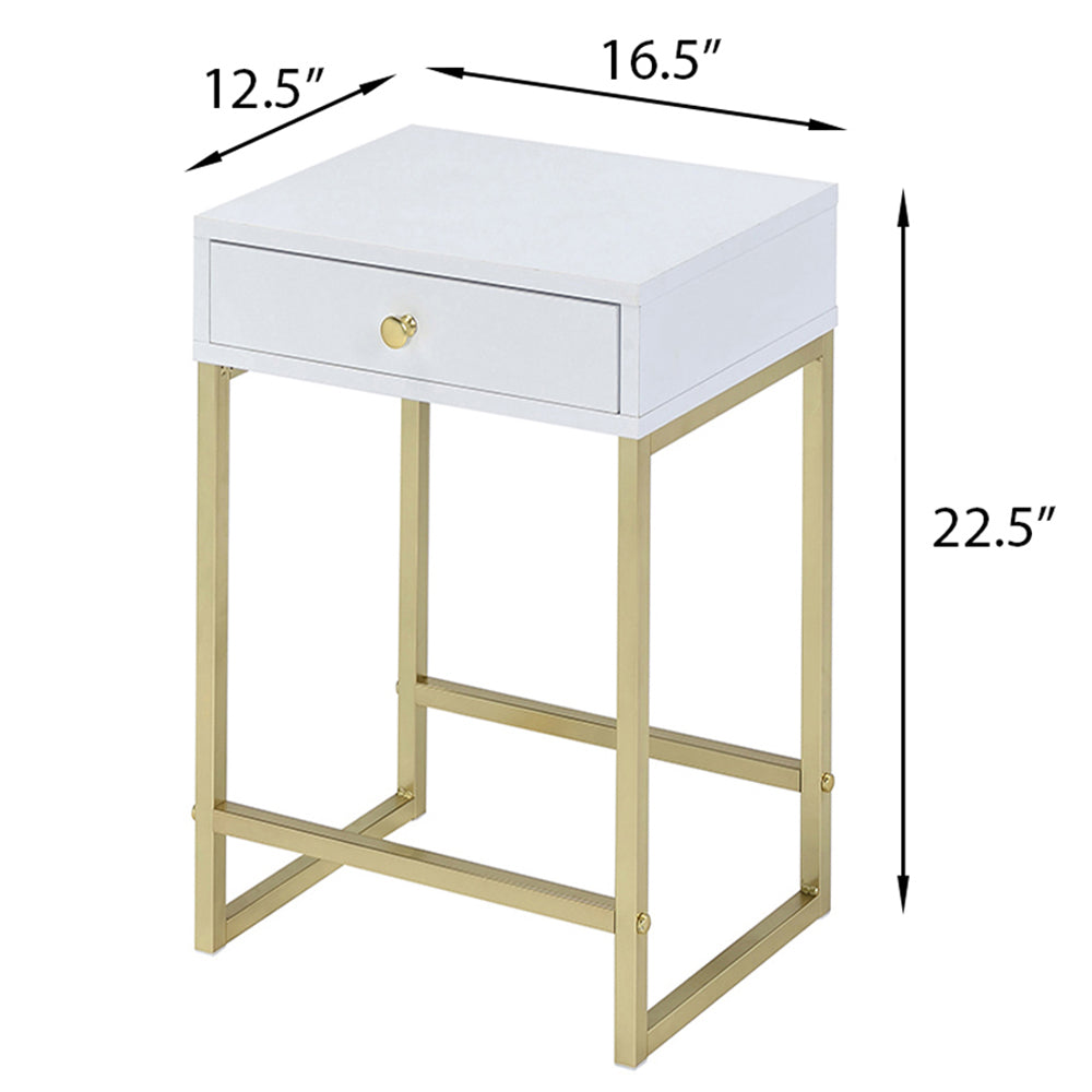 White And Brass 1 Drawer Side Table White Gold White Primary Living Space Contemporary Drawers Rectangular Wood Metal H Shape