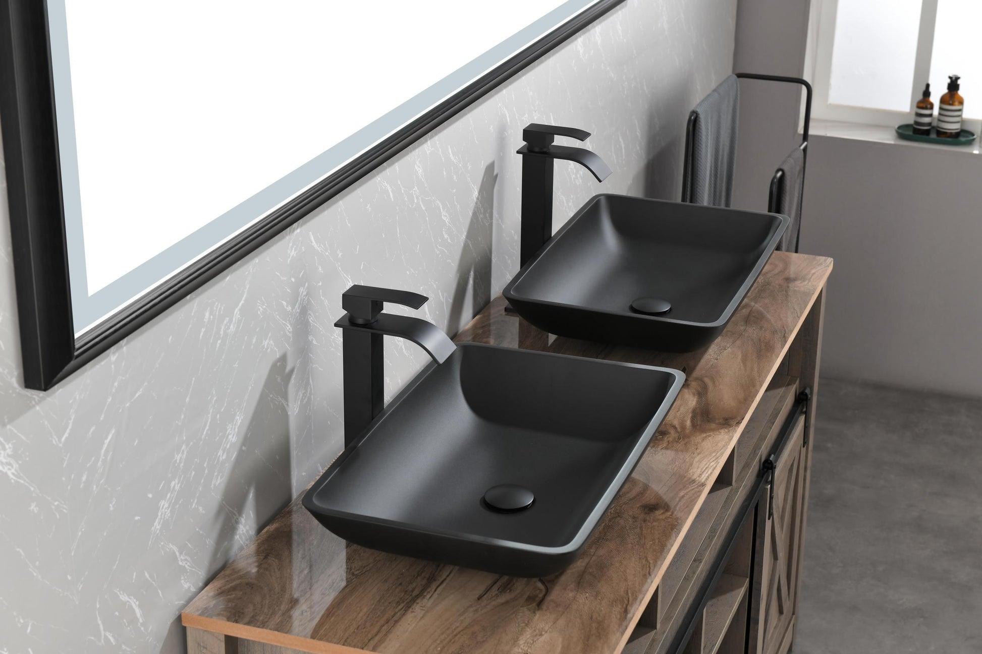 22" L 14" W 4" H Matte Black Glass Rectangular Vessel Bathroom Sink With Faucet And Pop Up Drain In Matte Black Matte Black Glass