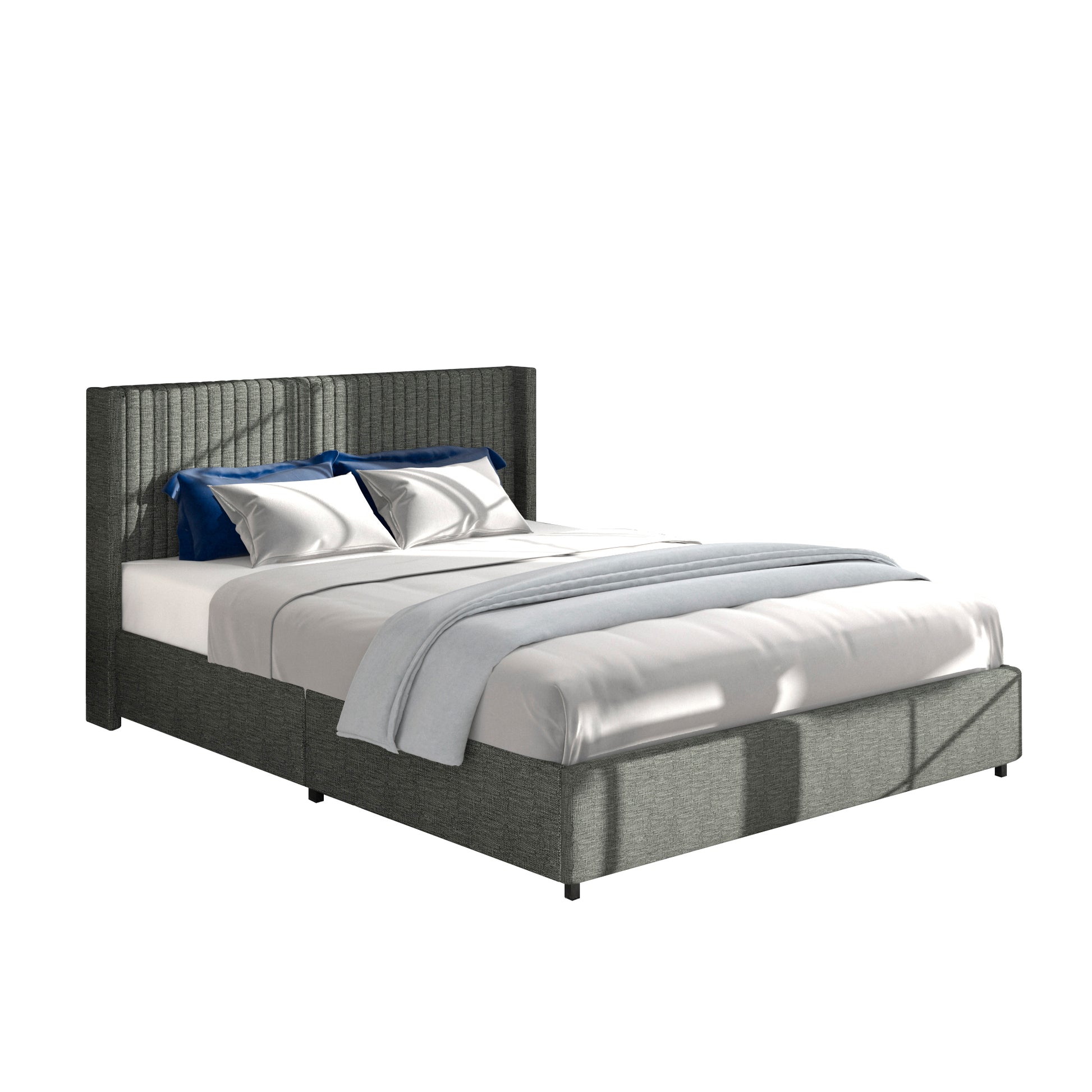 Same As B083115499 Anna Queen Size Gray Linen Upholstered Wingback Platform Bed With Patented 4 Drawers Storage, Modern Design Headboard With Tight Channel, Wooden Slat Mattress Support Box Spring Not Required Queen Gray Metal Bedroom