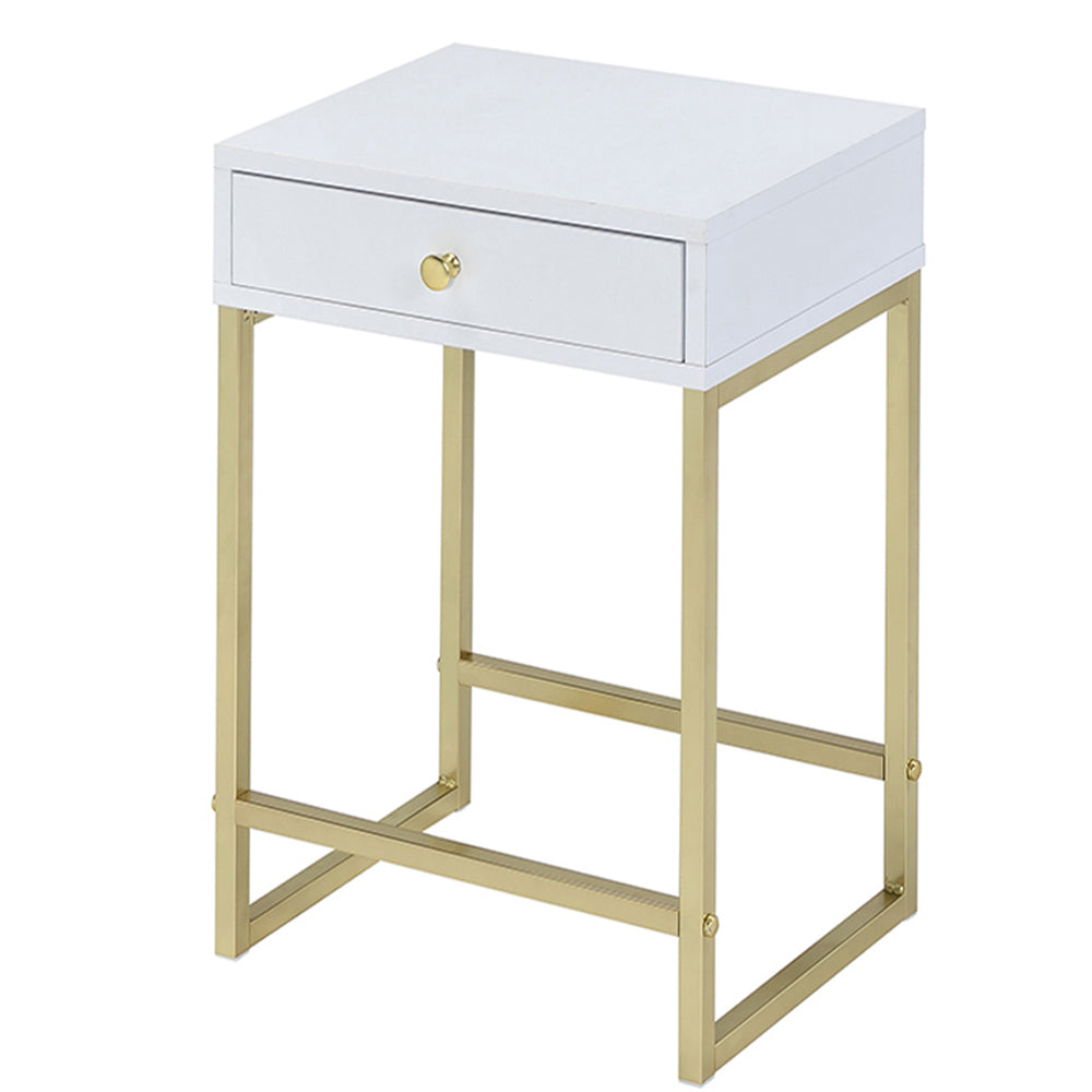 White And Brass 1 Drawer Side Table White Gold White Primary Living Space Contemporary Drawers Rectangular Wood Metal H Shape