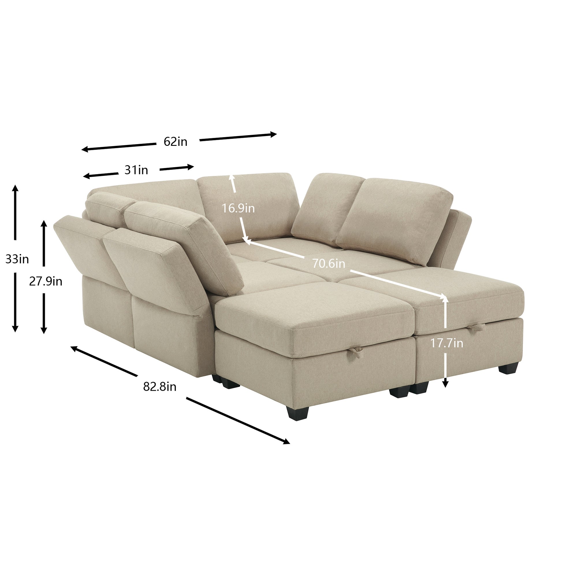 Oversized Modern 6 Seat Upholstered Sofa, Large Sectional Sofa With Storage Seats And Ottomanssofa Bed With Thick And Soft Cushions At All Sidesadjustable Arms And Backs Beige Beige Polyester 4 Seat