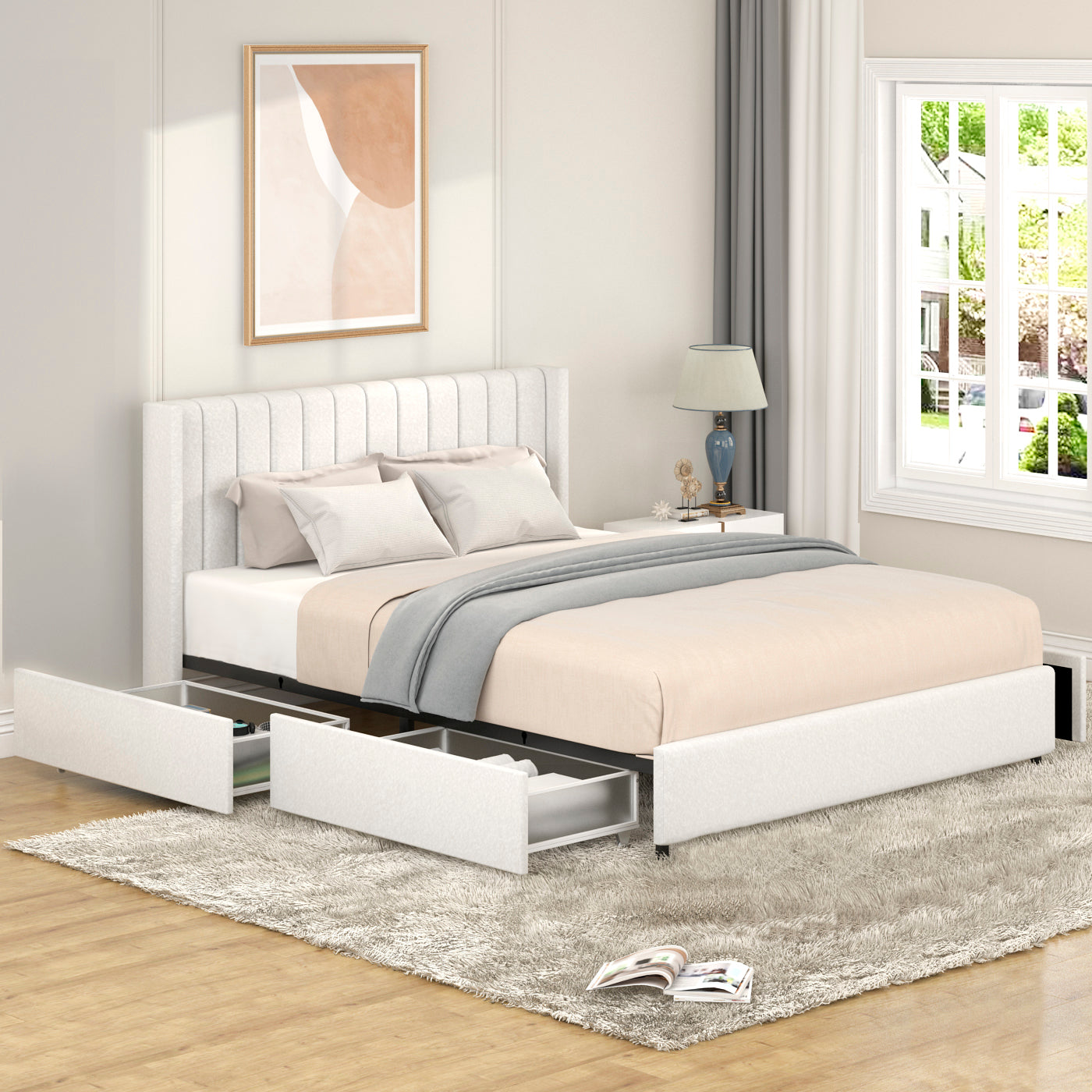 Same As B083119691 Anda Queen Size Ivory Boucle Upholstered Platform Bed With Patented 4 Drawers Storage, Tufted Headboard, Wooden Slat Mattress Support, No Box Spring Needed Box Spring Not Required Queen Ivory Bedroom