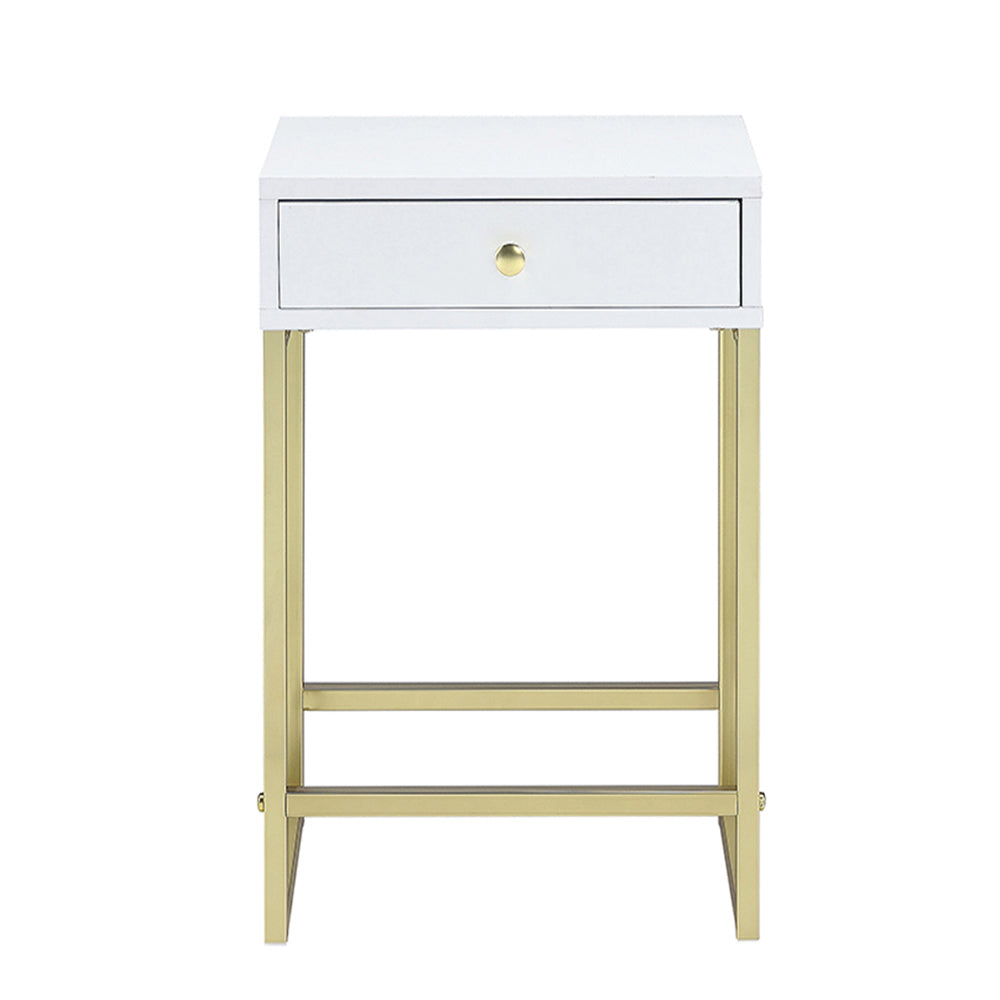 White And Brass 1 Drawer Side Table White Gold White Primary Living Space Contemporary Drawers Rectangular Wood Metal H Shape