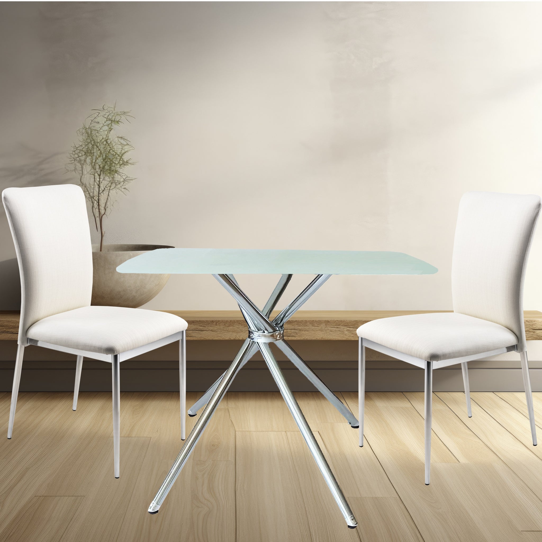 3 Pieces 36" Inch Contemporary Elegance Squared Dining Set In Soft White Metal Dining Room Fixed Table Square Dining Table With Chair Upholstered Chair Glass White Straight Grain Solid Back Seats 4 36 Inches Contemporary,Modern Square 4 Leg Foam Faux