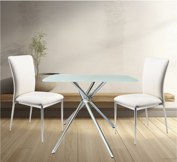 3 Pieces 36" Inch Contemporary Elegance Squared Dining Set In Soft White Metal Dining Room Fixed Table Square Dining Table With Chair Upholstered Chair Glass White Straight Grain Solid Back Seats 4 36 Inches Contemporary,Modern Square 4 Leg Foam Faux