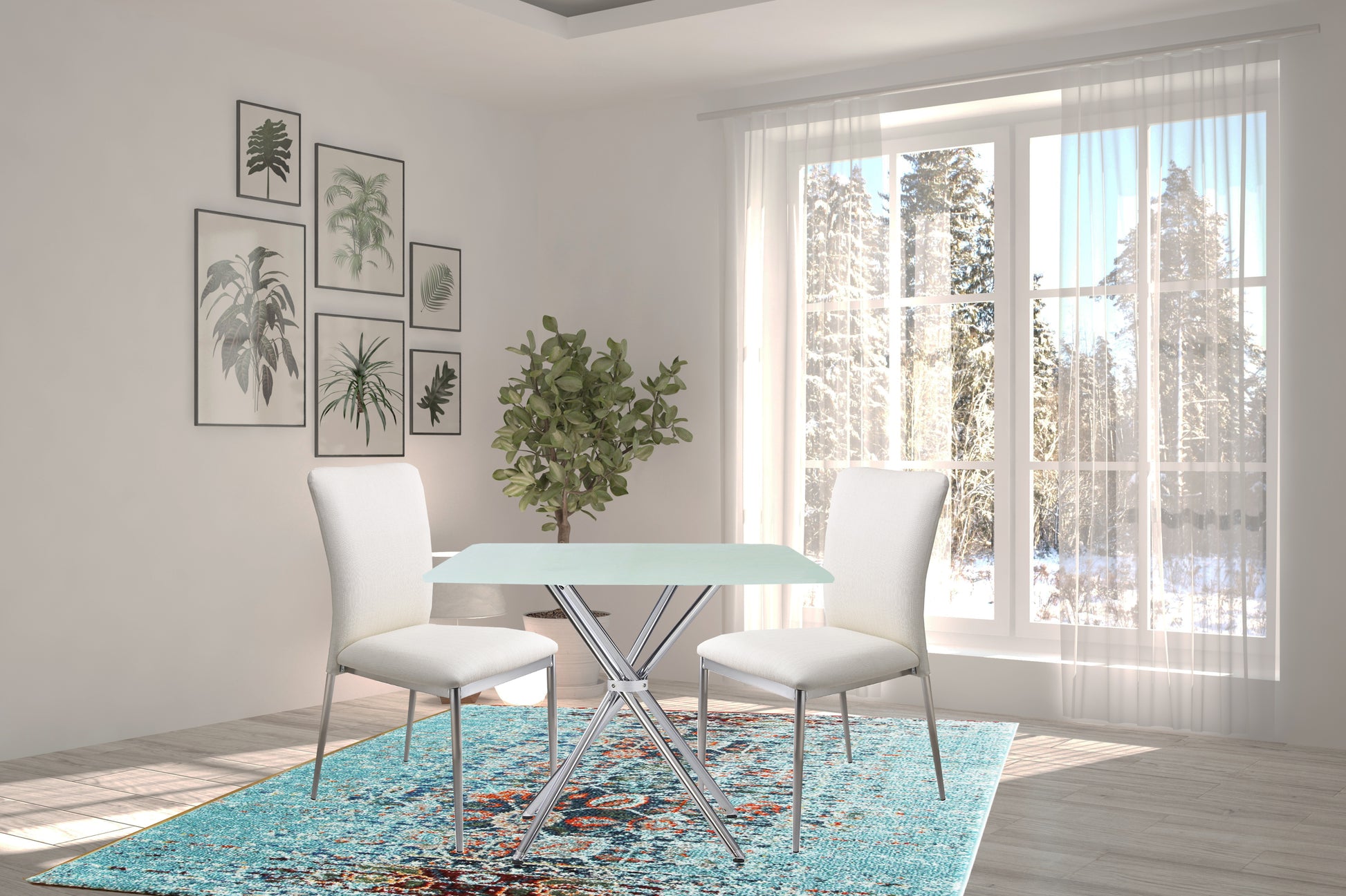 3 Pieces 36" Inch Contemporary Elegance Squared Dining Set In Soft White Metal Dining Room Fixed Table Square Dining Table With Chair Upholstered Chair Glass White Straight Grain Solid Back Seats 4 36 Inches Contemporary,Modern Square 4 Leg Foam Faux