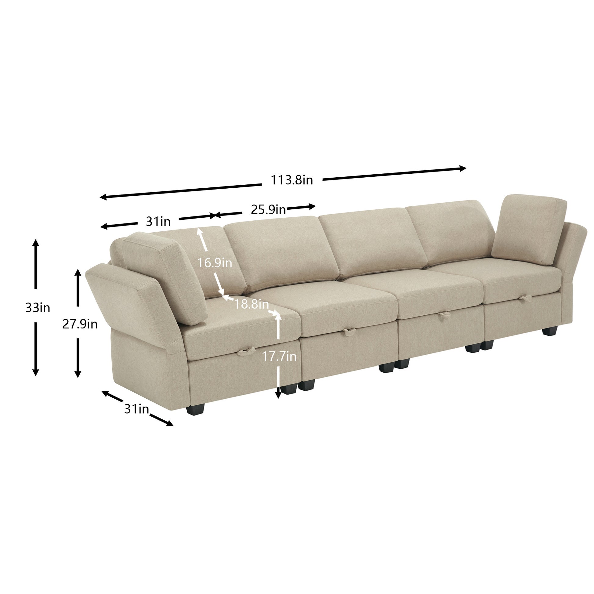 Fabric Modern Modular Sofa Couch With Storage Seats Modular Sectional Sofa 4 Seater Modular Couch For Living Room Beige Beige Polyester 4 Seat