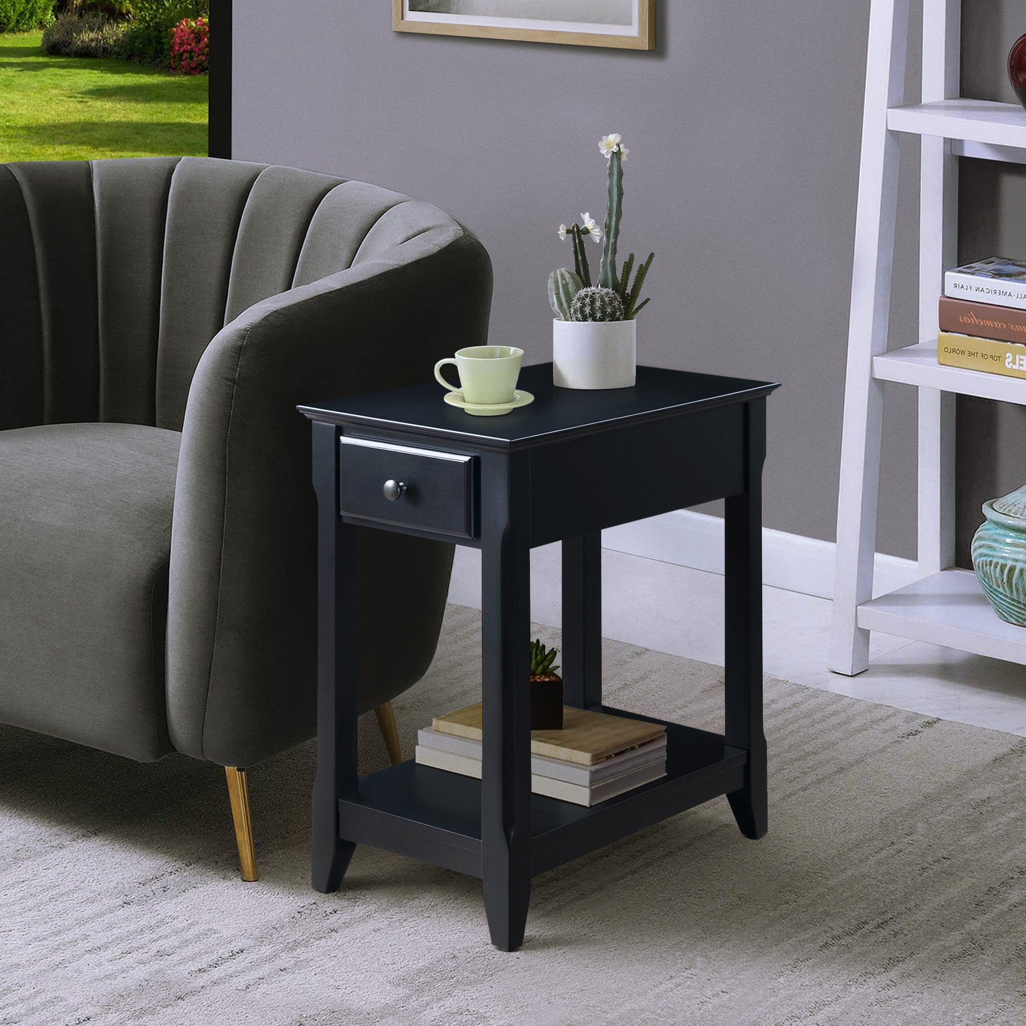 Black Accent Table With Bottom Shelf Black Primary Living Space Drawers Rectangular Wood