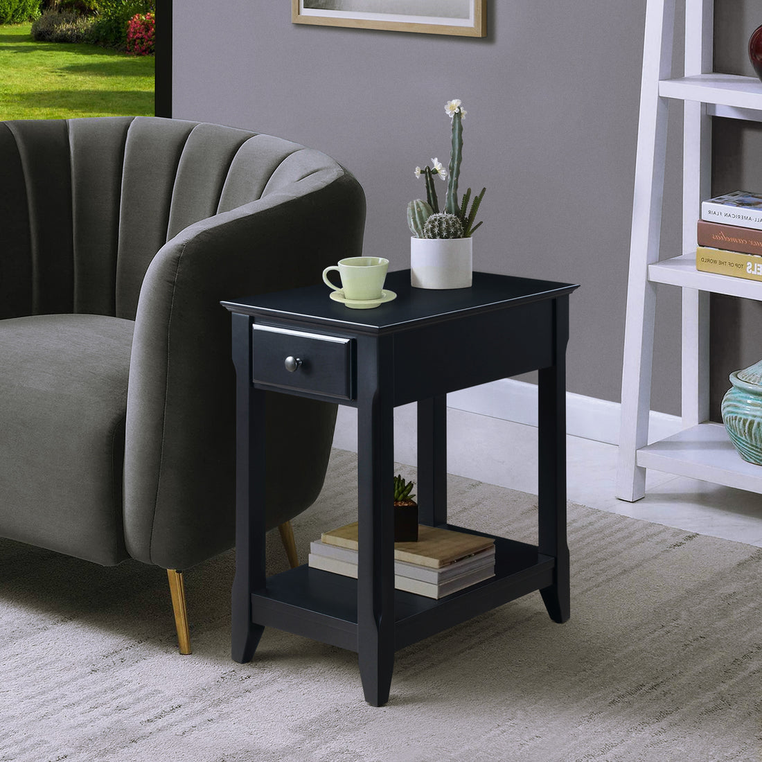 Black Accent Table With Bottom Shelf Black Primary Living Space Drawers Rectangular Wood