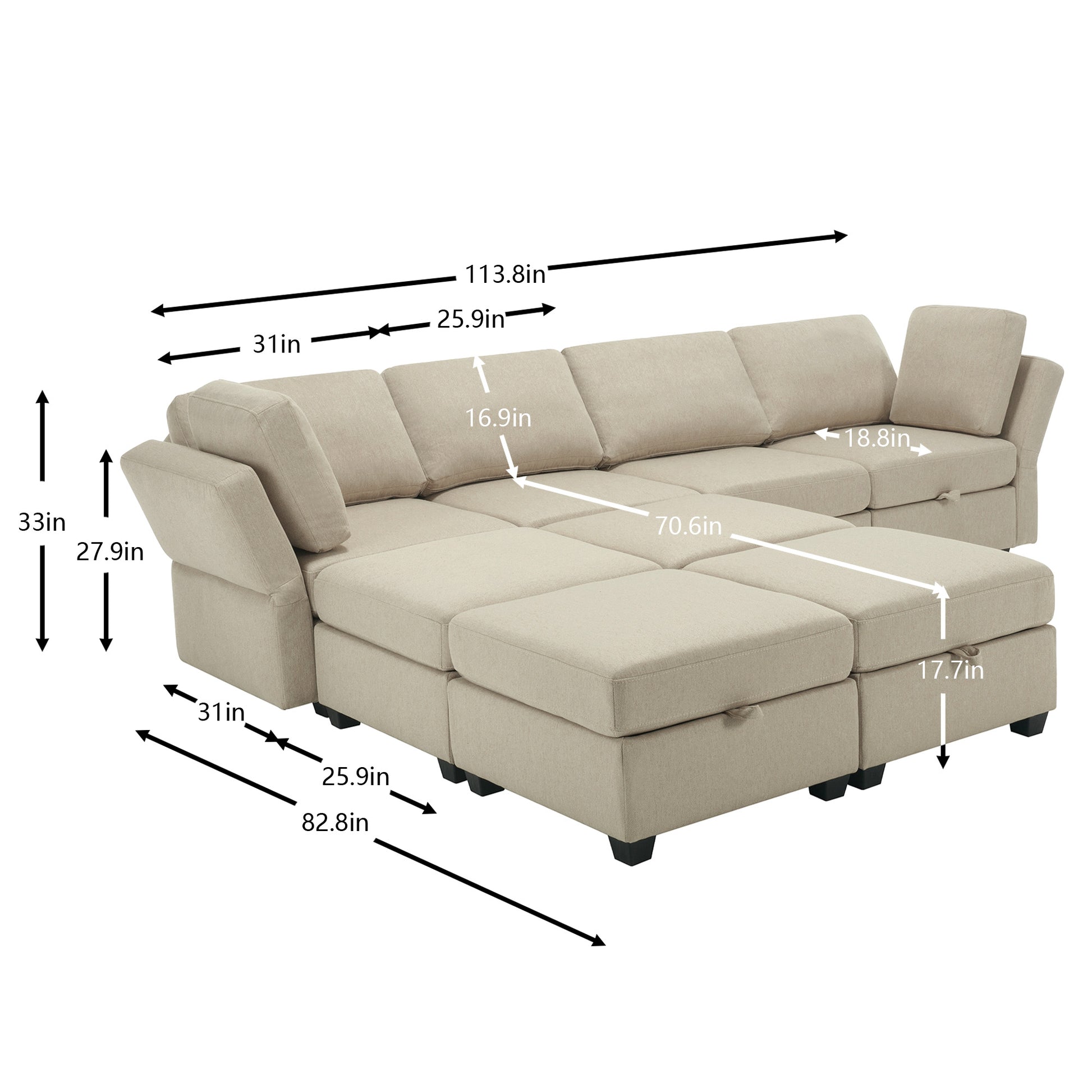 Modular Convertible U Shaped Sectional Sofa Couch With Storage Ottoman Corner Couch For Living Room, Adjustable Arms And Backs Beige Beige Polyester 4 Seat