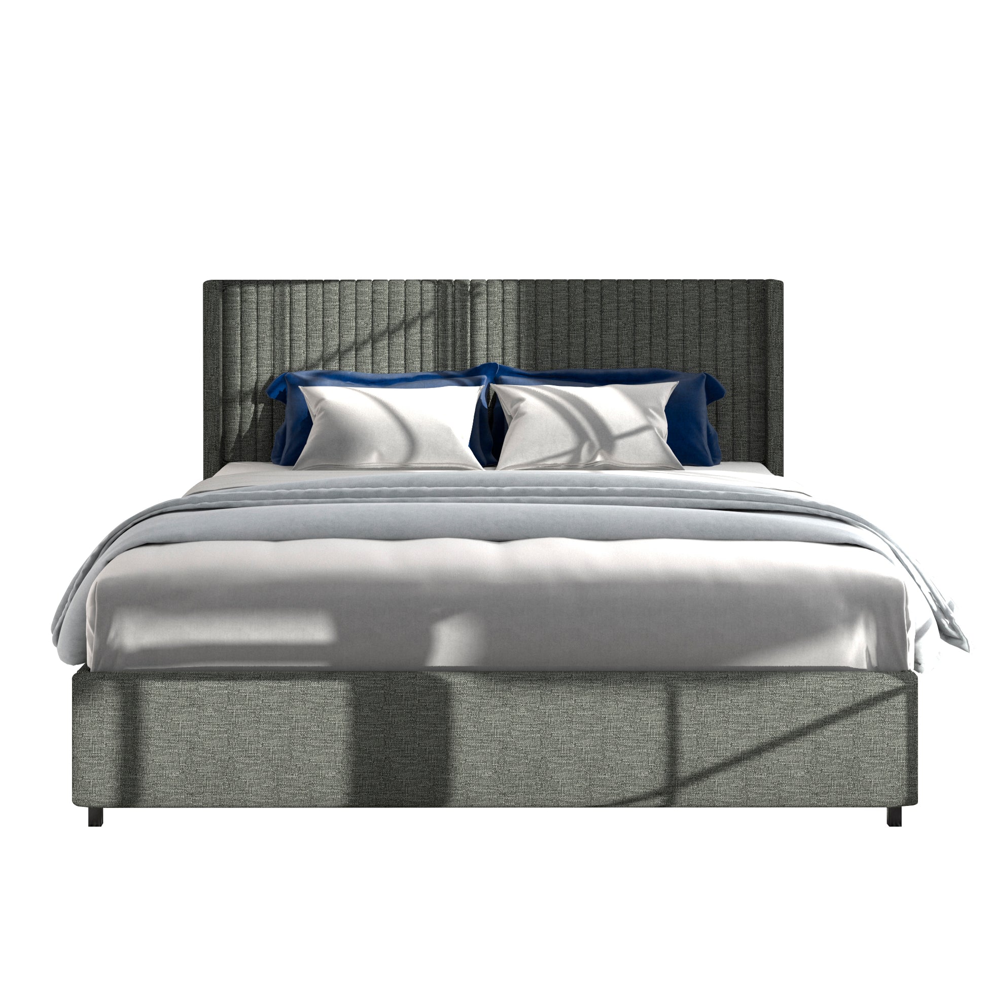 Same As B083115499 Anna Queen Size Gray Linen Upholstered Wingback Platform Bed With Patented 4 Drawers Storage, Modern Design Headboard With Tight Channel, Wooden Slat Mattress Support Box Spring Not Required Queen Gray Metal Bedroom