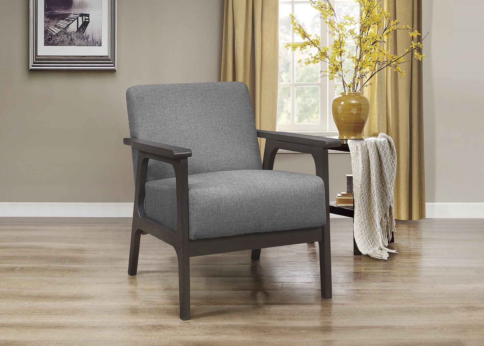 Gray Fabric Upholstered Accent Chair 1Pc Solid Rubberwood Antique Gray Finish Living Room Furniture Gray Primary Living Space Rubberwood Solid Wood