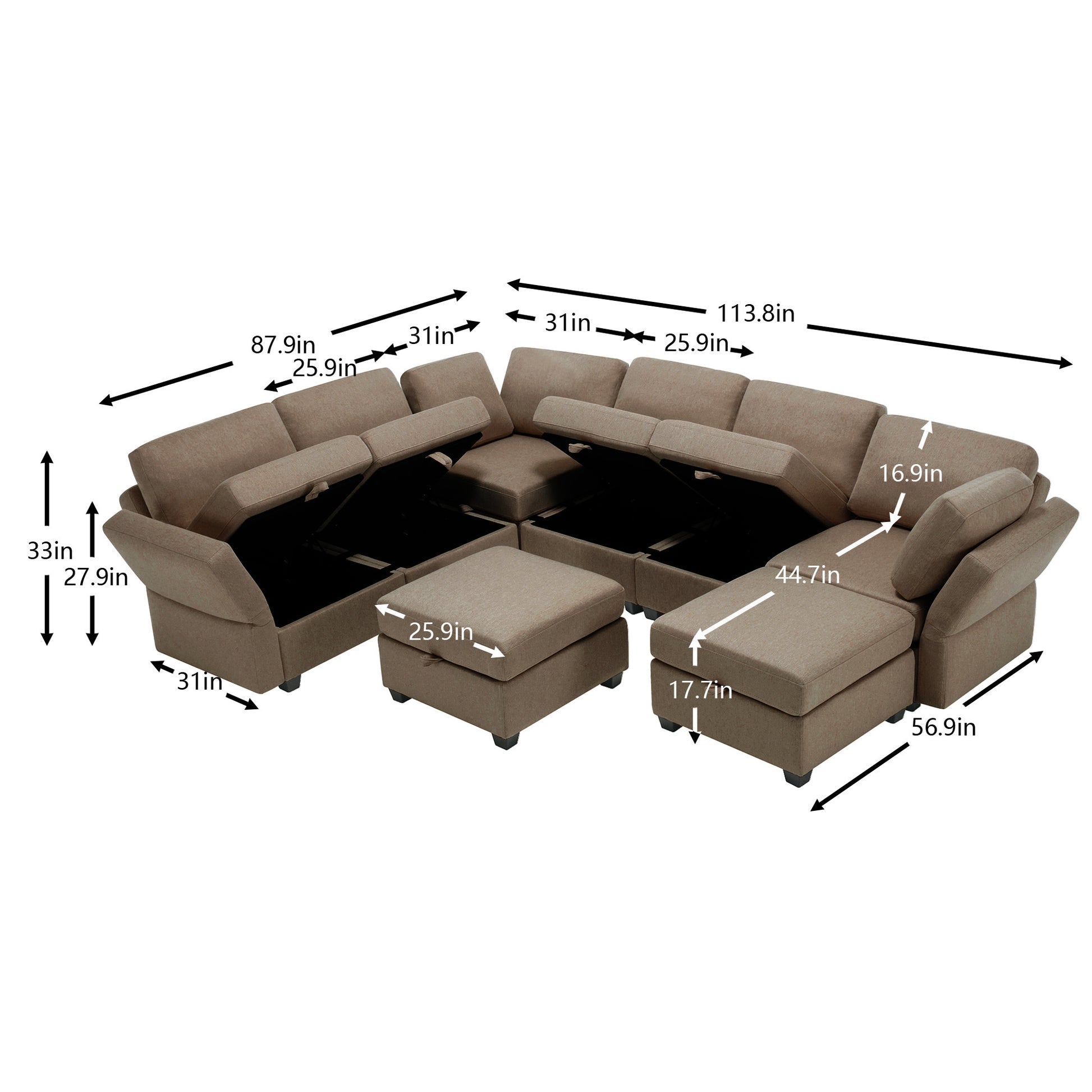 Modular Sectional Sofa With Storage Seat Oversized U Shaped Couch With Reversible Chaise Sofa Set With Ottoman,Ultimate Comfort 6 8 Seater Couches With Adjustable Arms And Backs For Living Room Brown Brown Polyester 6 Seat