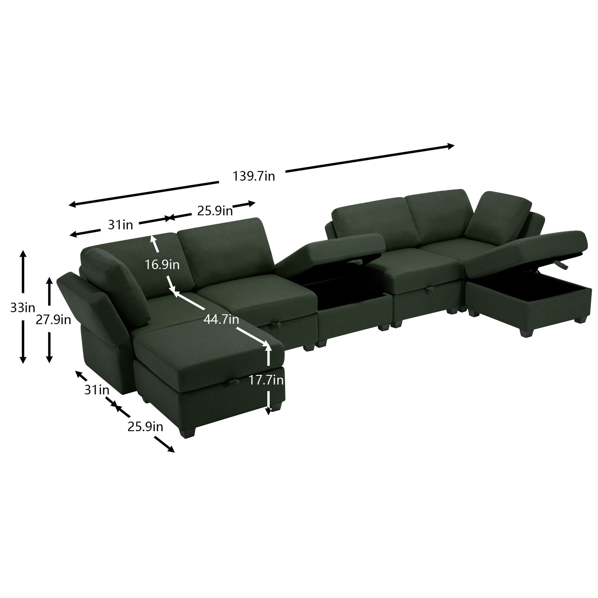 Modular Sectional Sofa U Shaped Sectional Couch With Ottoman, 7 Seat Modular Sofa With Chaise For Living Room, Adjustable Arms And Backs Green Green Polyester 4 Seat