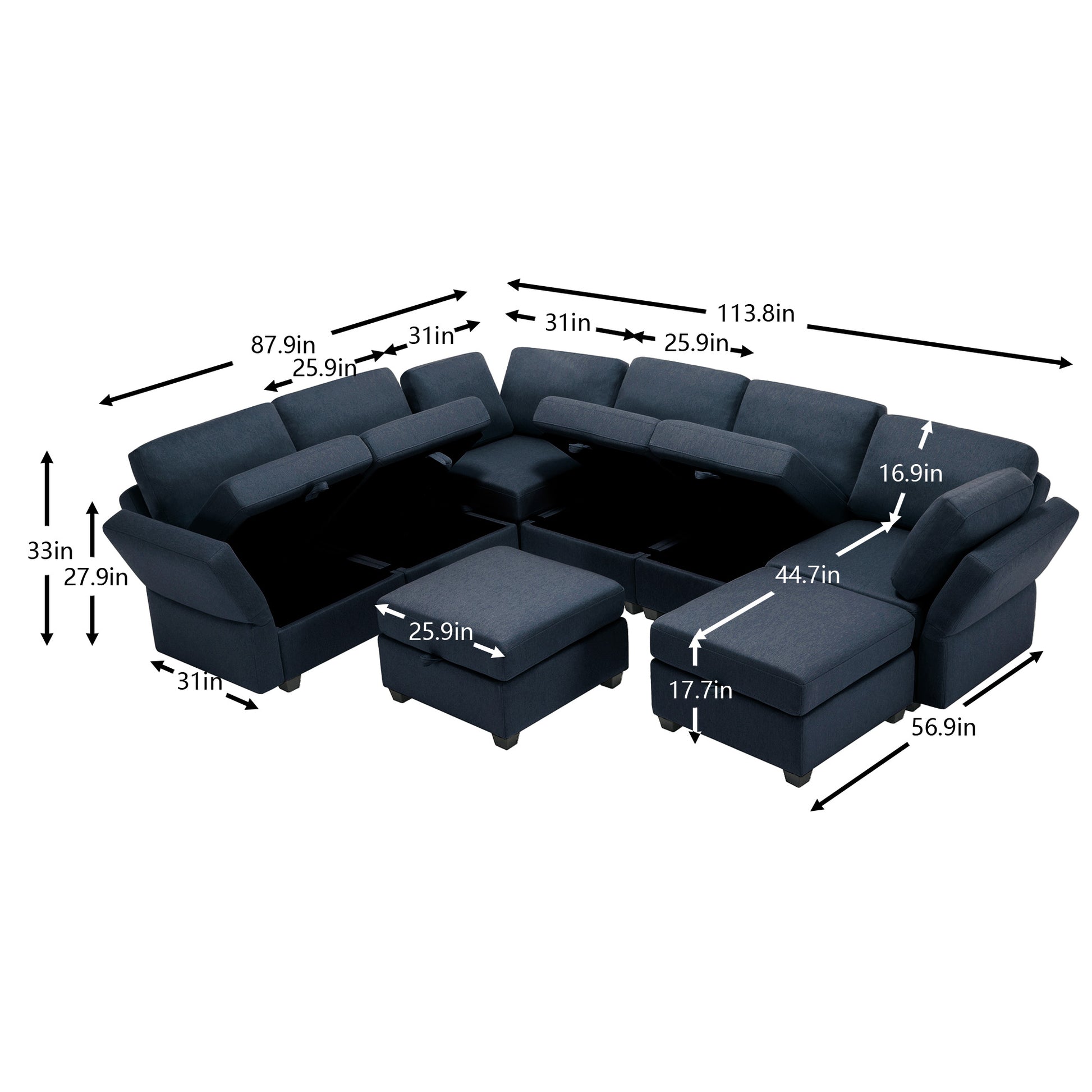 Modular Sectional Sofa With Storage Seat Oversized U Shaped Couch With Reversible Chaise Sofa Set With Ottoman,Ultimate Comfort 6 8 Seater Couches With Adjustable Arms And Backs For Living Room Blue Blue Polyester 6 Seat