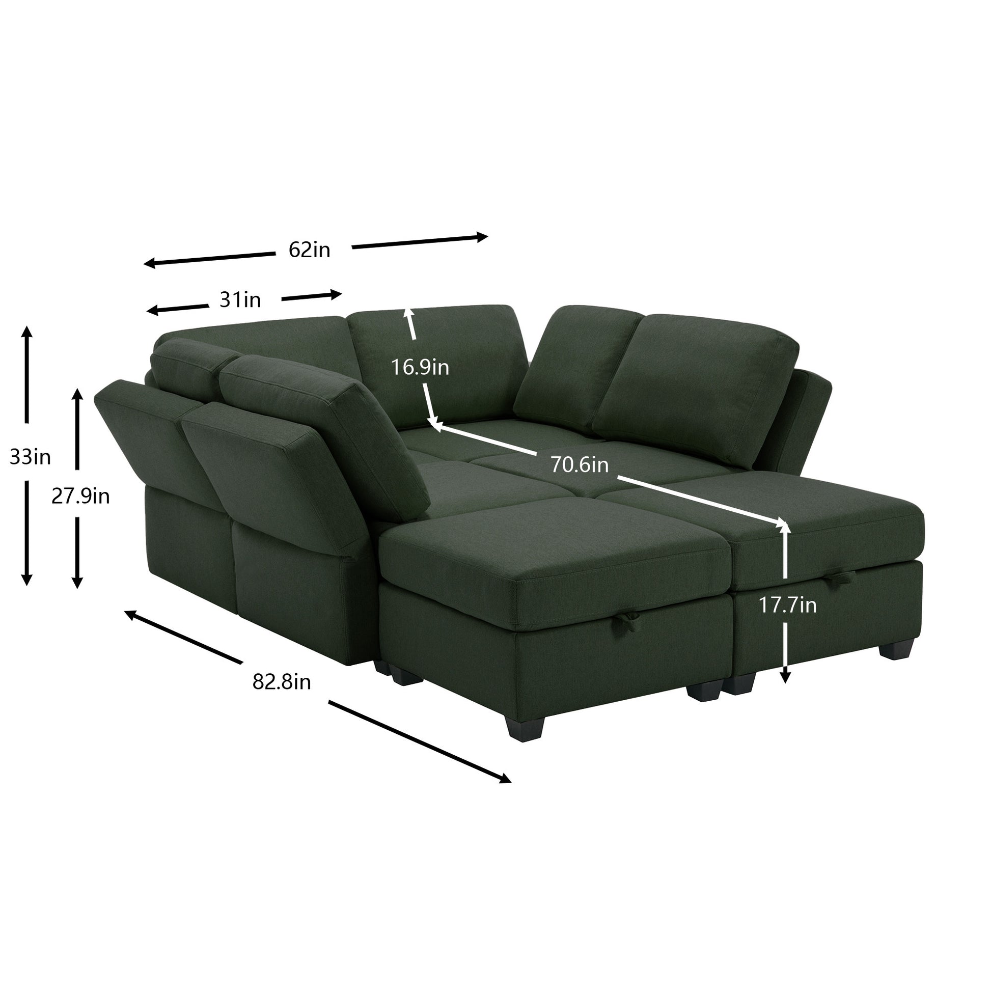Oversized Modern 6 Seat Upholstered Sofa, Large Sectional Sofa With Storage Seats And Ottomanssofa Bed With Thick And Soft Cushions At All Sidesadjustable Arms And Backs Green Green Polyester 4 Seat
