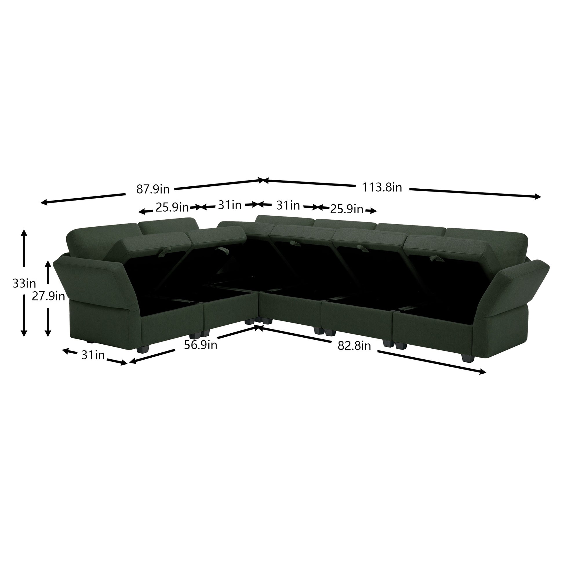 L Shaped Modular Sectional Corner Sofa Couch, 6 Seat Modular Sectional Sofa With Chaise For Living Room, Adjustable Arms And Backs Green Green Polyester 6 Seat