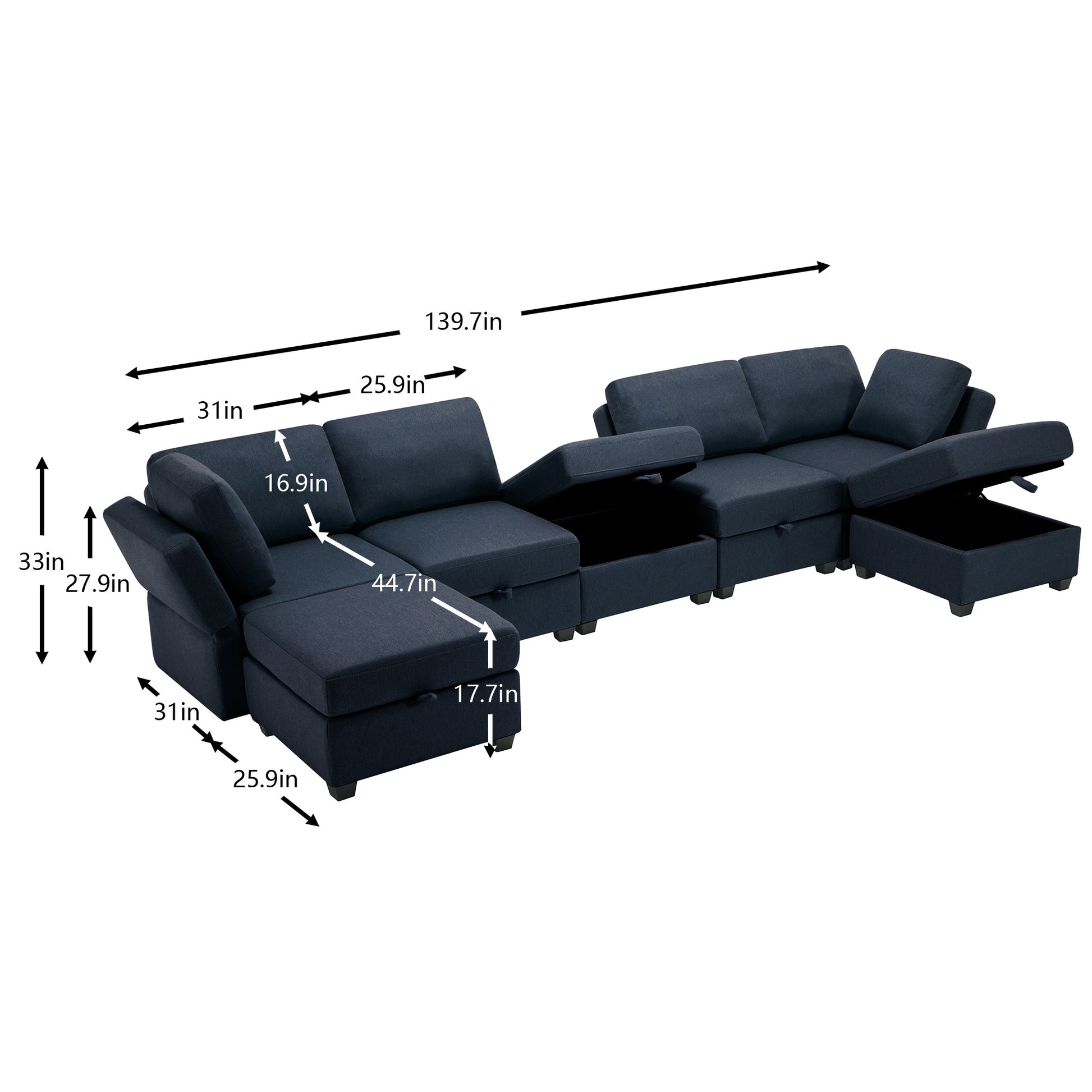 Modular Sectional Sofa U Shaped Sectional Couch With Ottoman, 7 Seat Modular Sofa With Chaise For Living Room, Adjustable Arms And Backs Blue Blue Polyester 4 Seat