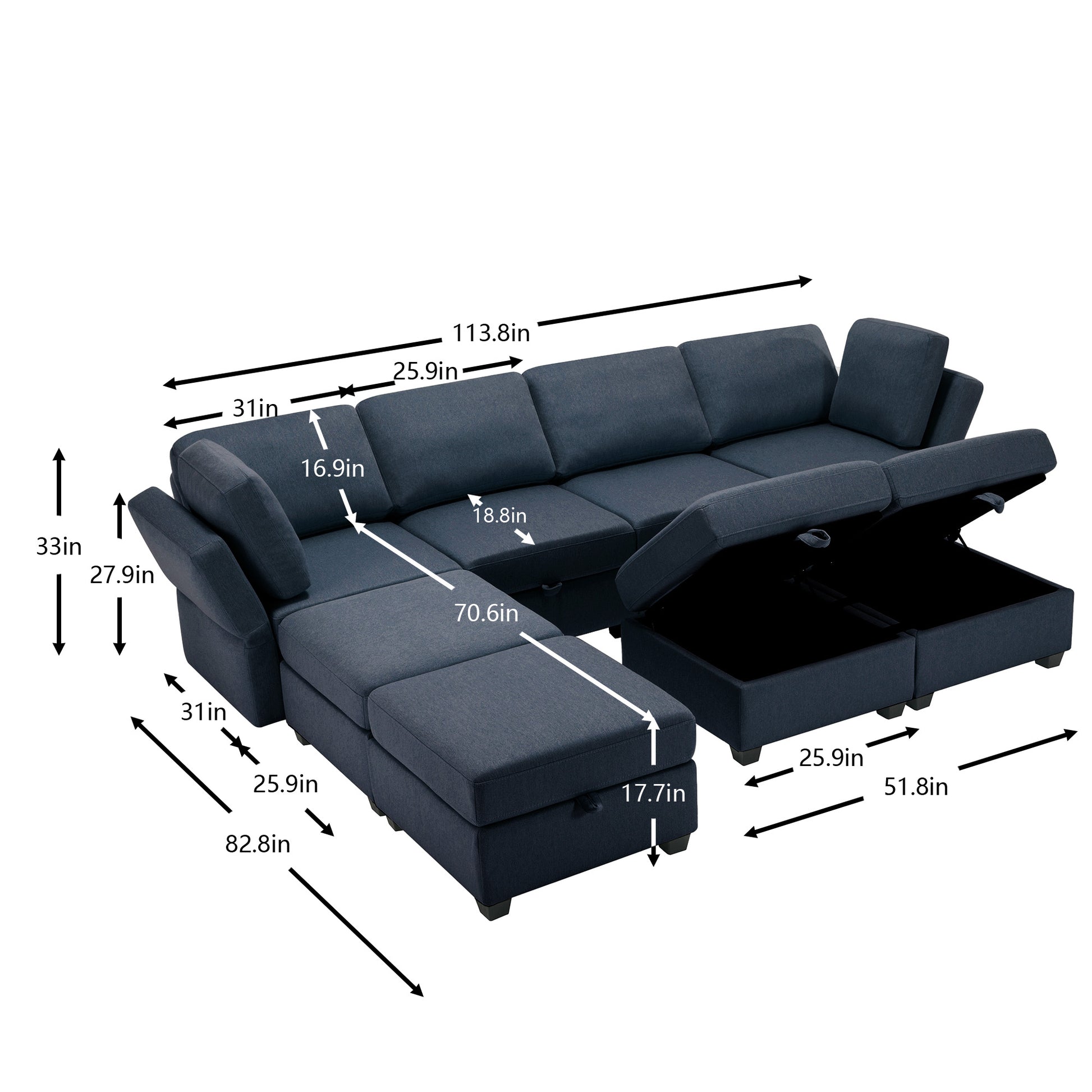 Adjustable Arms And Backs Sectional Sofa, Modern Sectional Couch U Shaped Sofa Couch With Storage Ottoman, Sofa With Convertible Chaise Blue Blue Polyester 4 Seat