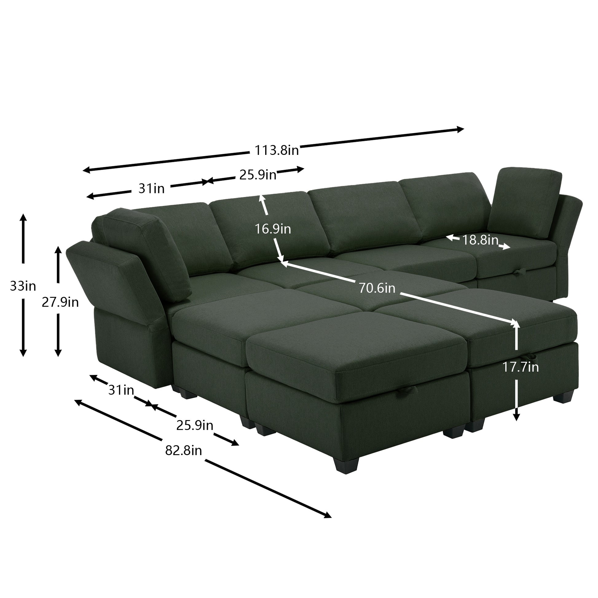 Modular Convertible U Shaped Sectional Sofa Couch With Storage Ottoman Corner Couch For Living Room, Adjustable Arms And Backs Green Green Polyester 4 Seat