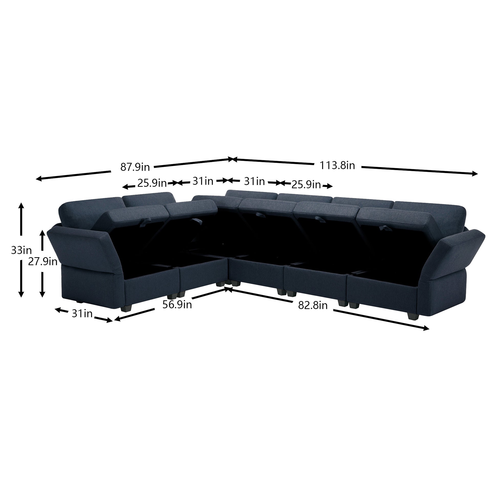 L Shaped Modular Sectional Corner Sofa Couch, 6 Seat Modular Sectional Sofa With Chaise For Living Room, Adjustable Arms And Backs Blue Blue Polyester 6 Seat