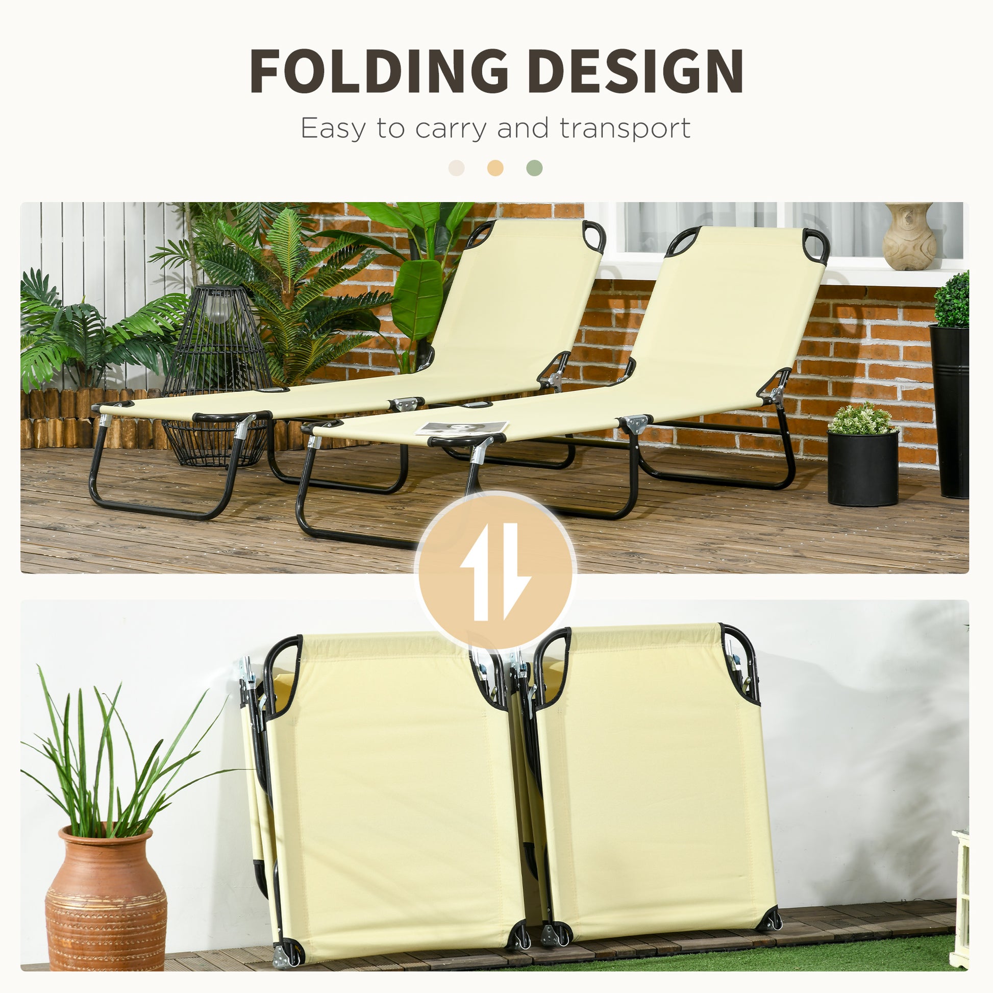 Outsunny 2 Piece Folding Chaise Lounge Pool Chairs, Outdoor Sun Tanning Chairs With 5 Level Reclining Back, Steel Frame For Beach, Yard, Patio, Beige Beige Steel